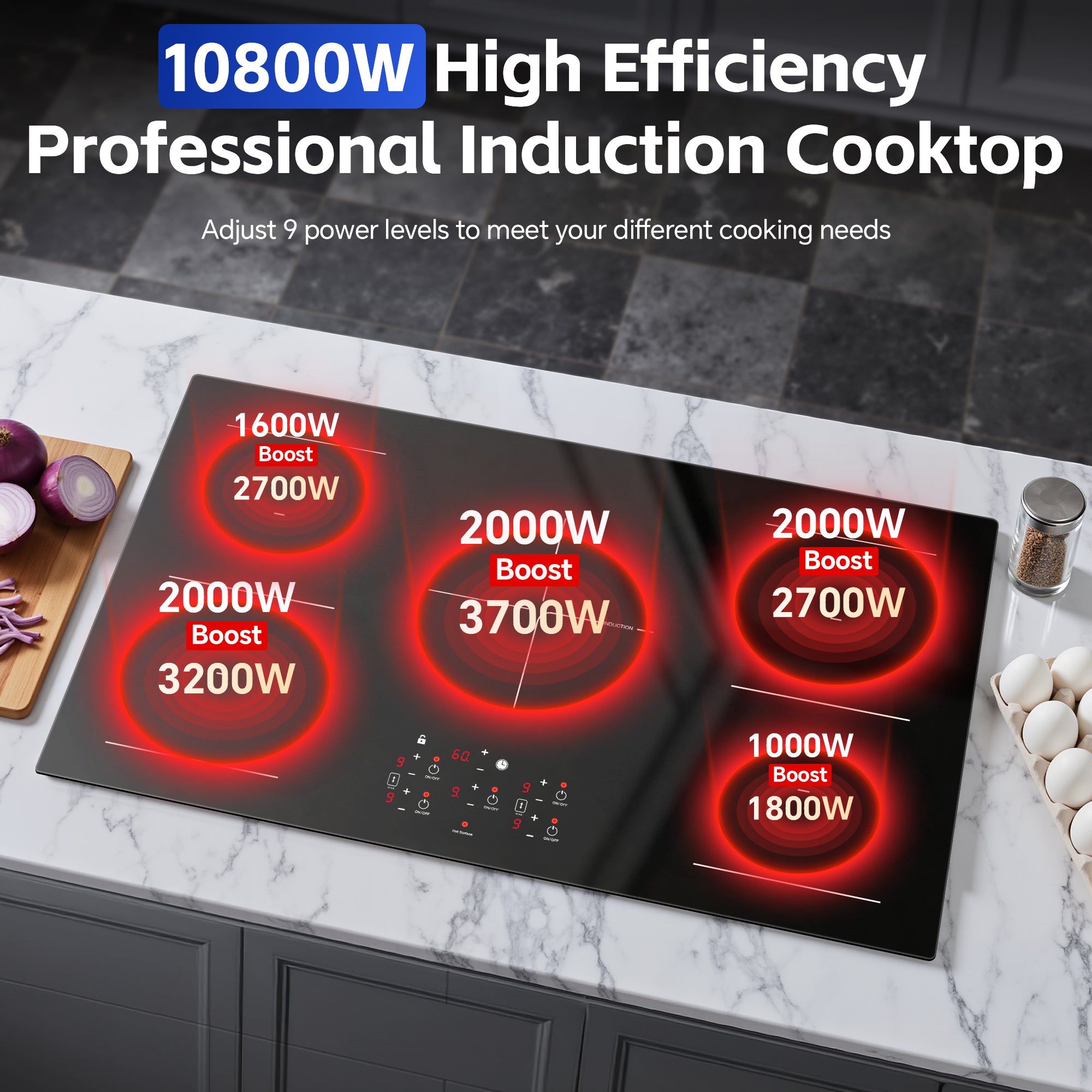 IHA108365 - 36 Inch Electric Induction Cooktop 5 Burners, 10800W Built-in Induction Stove Top with Double Bridge Function, Booster, Timer, Child Lock, Sensor Touch Control, 240V/50A, No Plug