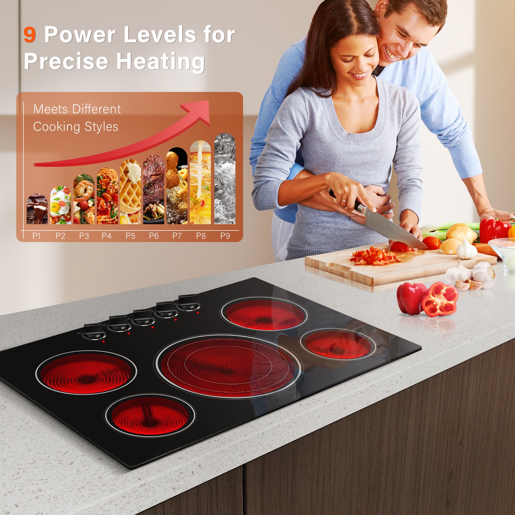 CH30K230905A - 30 Inch Built-in Electric Cooktop with Expandable Triple Ring Burners, 5 Burner 9000W Ceramic Stove Top - Easy Knob Controls & Residual Heat Indicator (220-240V Hardwired)