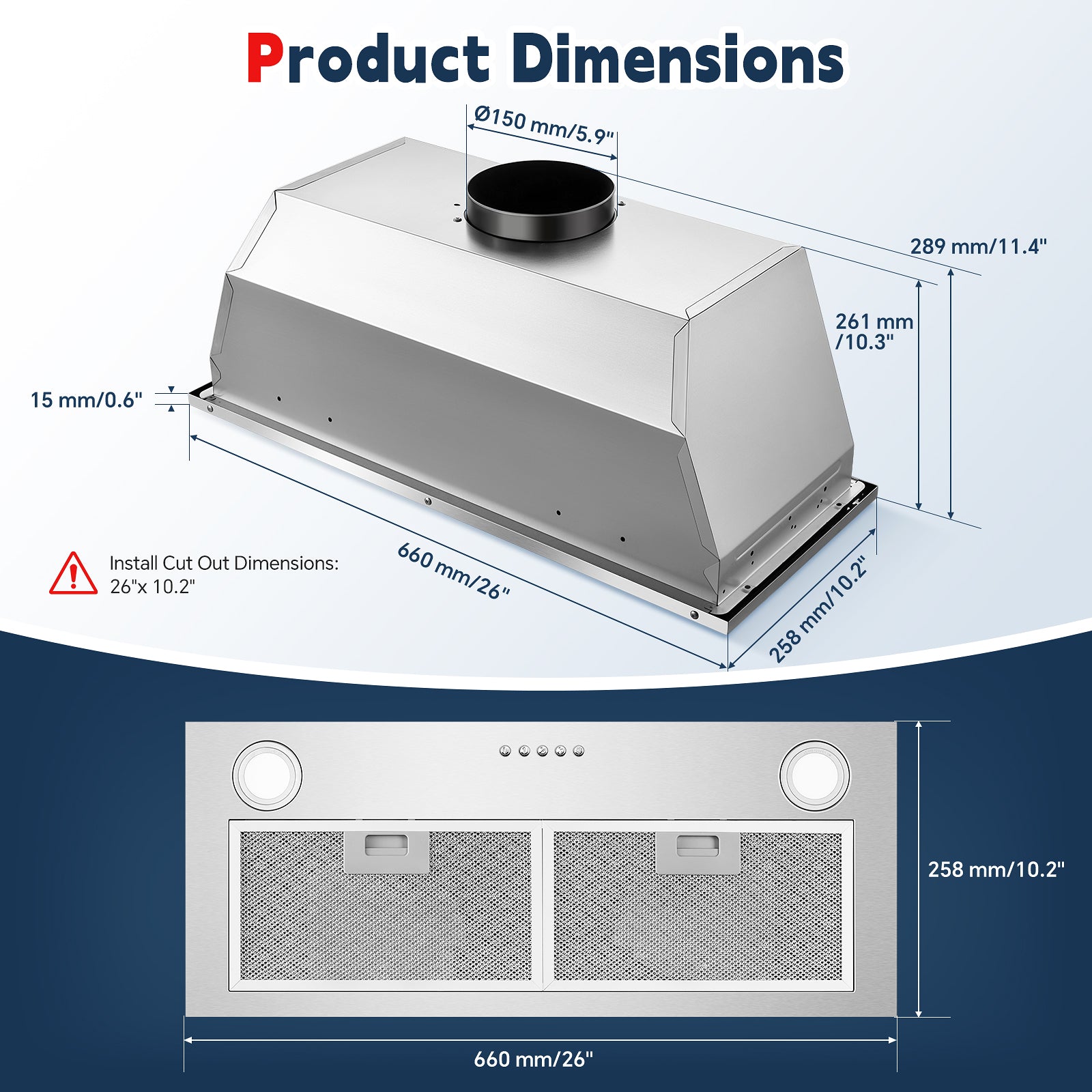 ZMS-1370A - Range Hood Insert 30 Inch Stainless Steel Built-in Kitchen Hood with 600CFM, Ductless/Ducted Range Hood, Push Button Control, 3-Speed Fan, 2 Pcs Aluminum Filters
