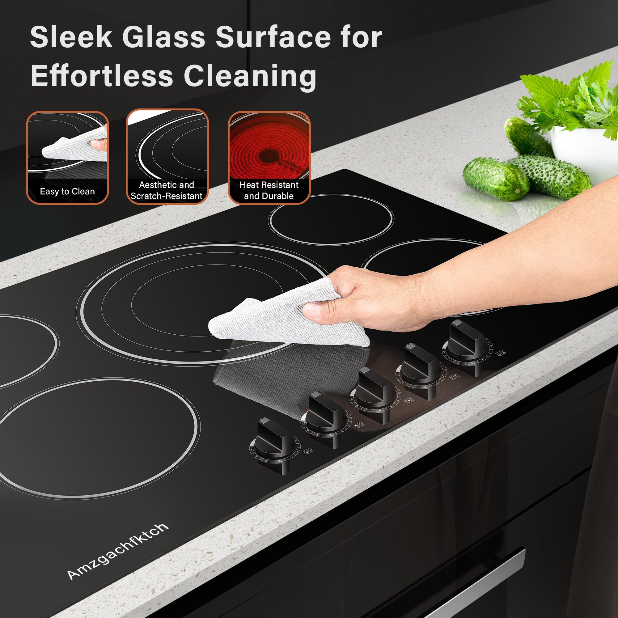 CH30K230905A - 30 Inch Built-in Electric Cooktop with Expandable Triple Ring Burners, 5 Burner 9000W Ceramic Stove Top - Easy Knob Controls & Residual Heat Indicator (220-240V Hardwired)