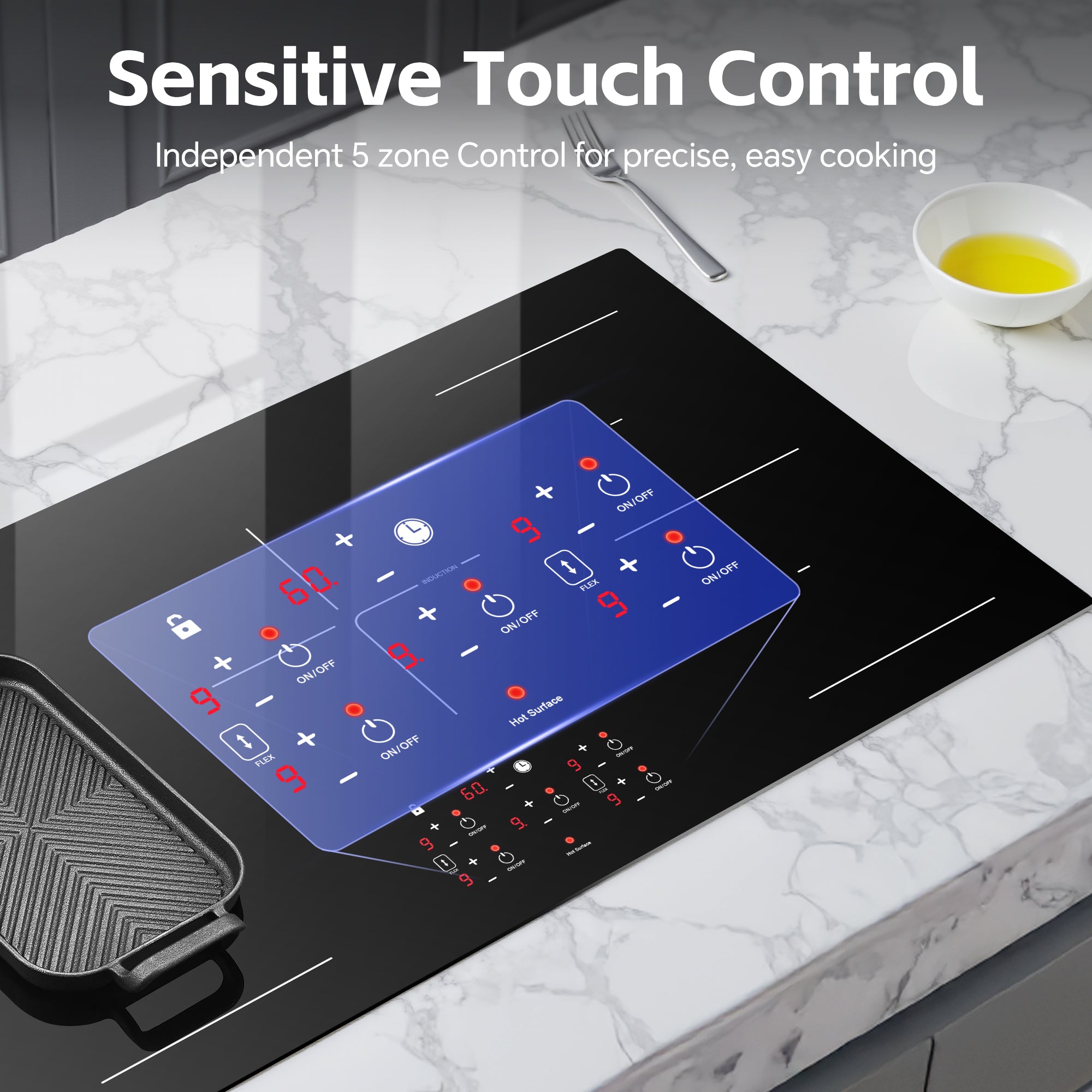 IHA108365 - 36 Inch Electric Induction Cooktop 5 Burners, 10800W Built-in Induction Stove Top with Double Bridge Function, Booster, Timer, Child Lock, Sensor Touch Control, 240V/50A, No Plug