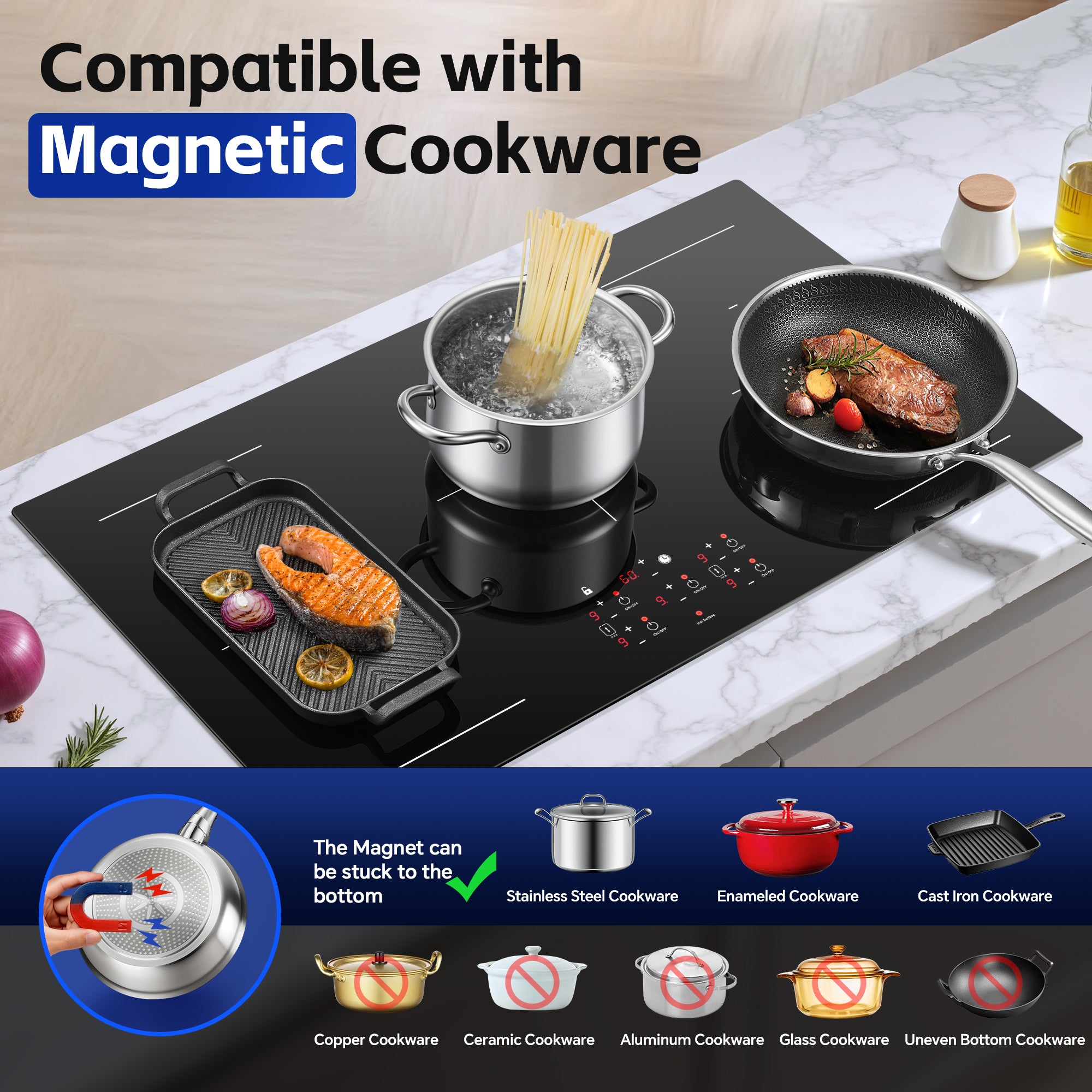 IHA108365 - 36 Inch Electric Induction Cooktop 5 Burners, 10800W Built-in Induction Stove Top with Double Bridge Function, Booster, Timer, Child Lock, Sensor Touch Control, 240V/50A, No Plug