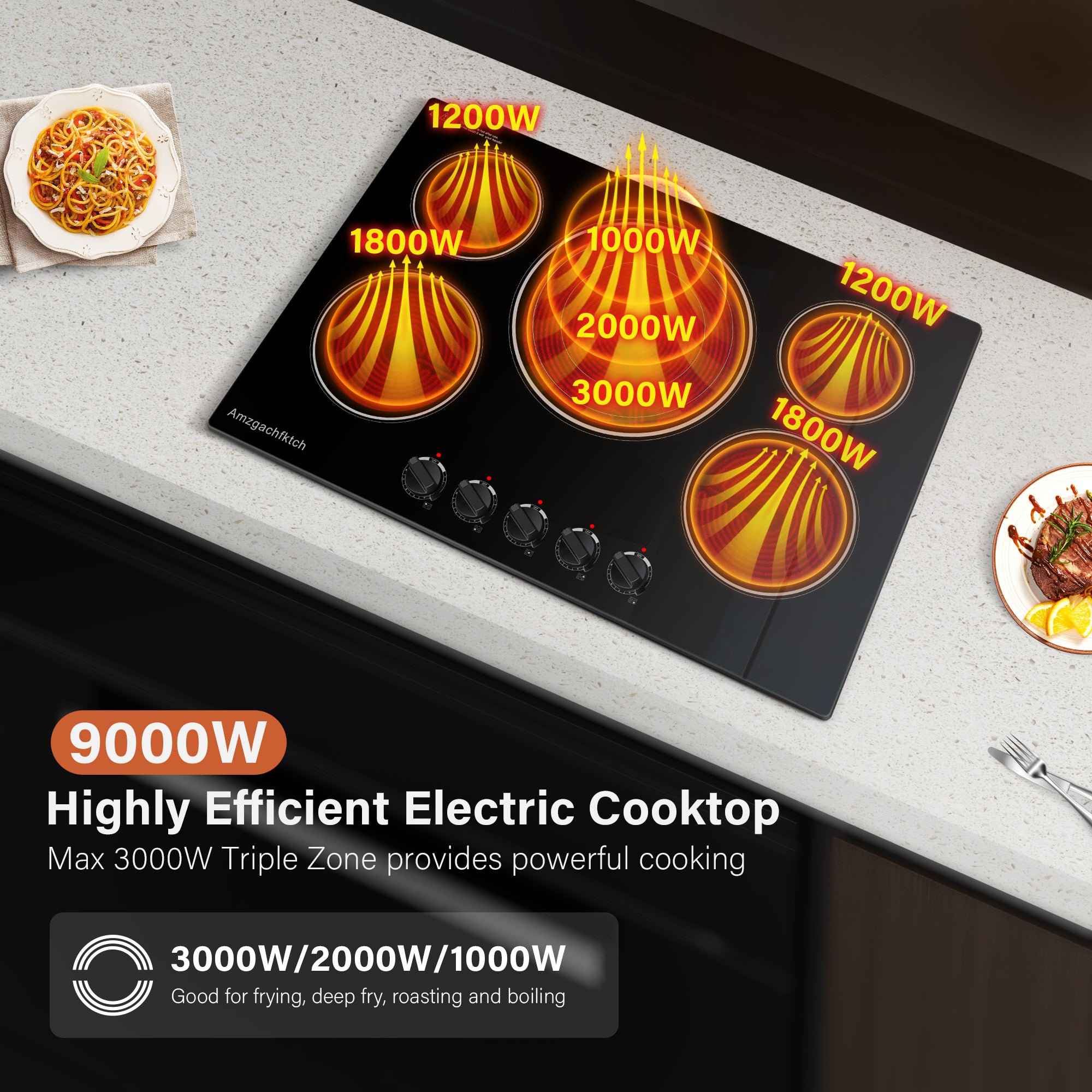 CH30K230905A - 30 Inch Built-in Electric Cooktop with Expandable Triple Ring Burners, 5 Burner 9000W Ceramic Stove Top - Easy Knob Controls & Residual Heat Indicator (220-240V Hardwired)