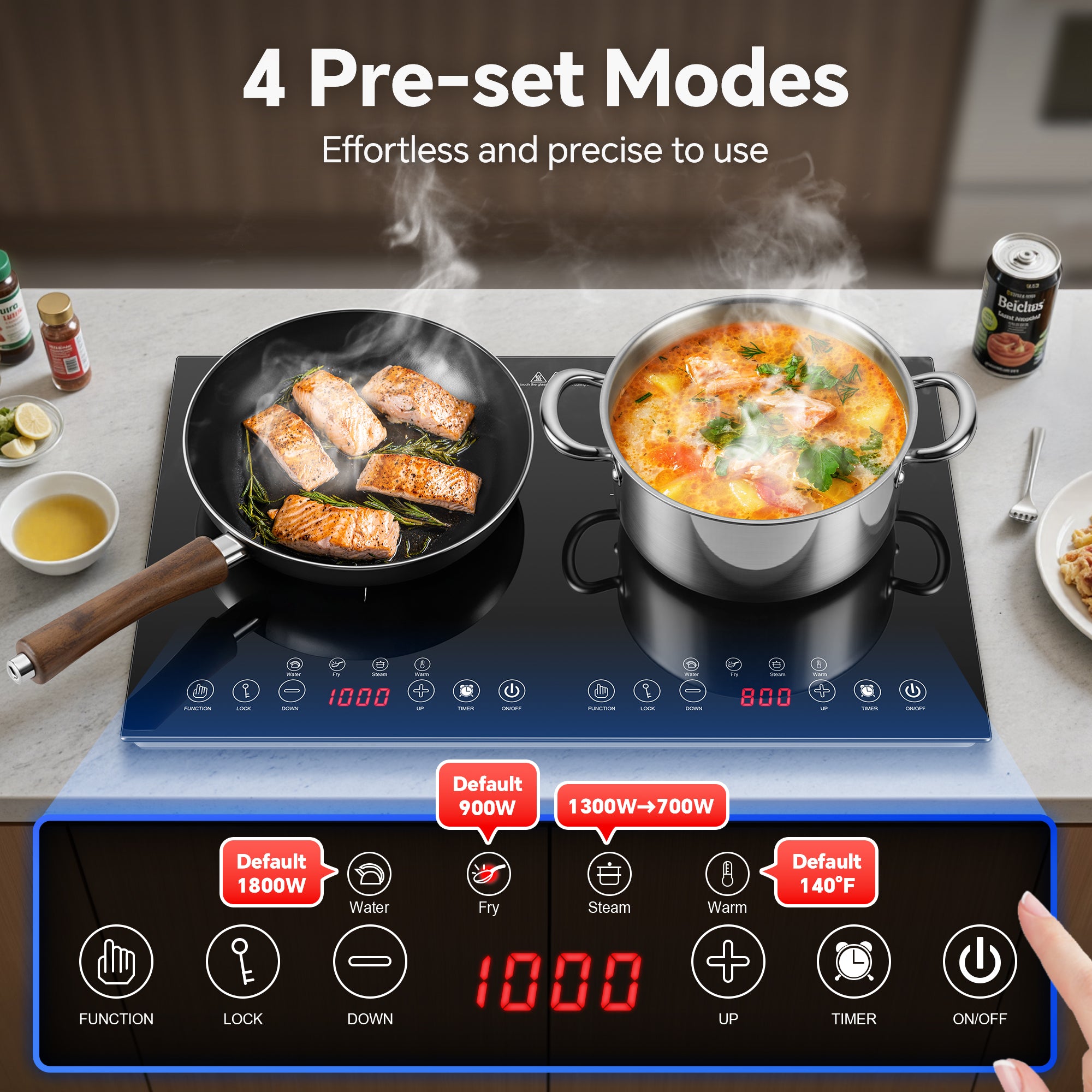 IHDIC16H181A - Portable Induction Cooktop 2 Burner - 1800W Double Induction Cooker with 8 Power Settings, 4 Pre-Set Modes, Ultra Thin Design, Sensor Touch Control, Child Safety Lock & Timer | Electric Cooktop