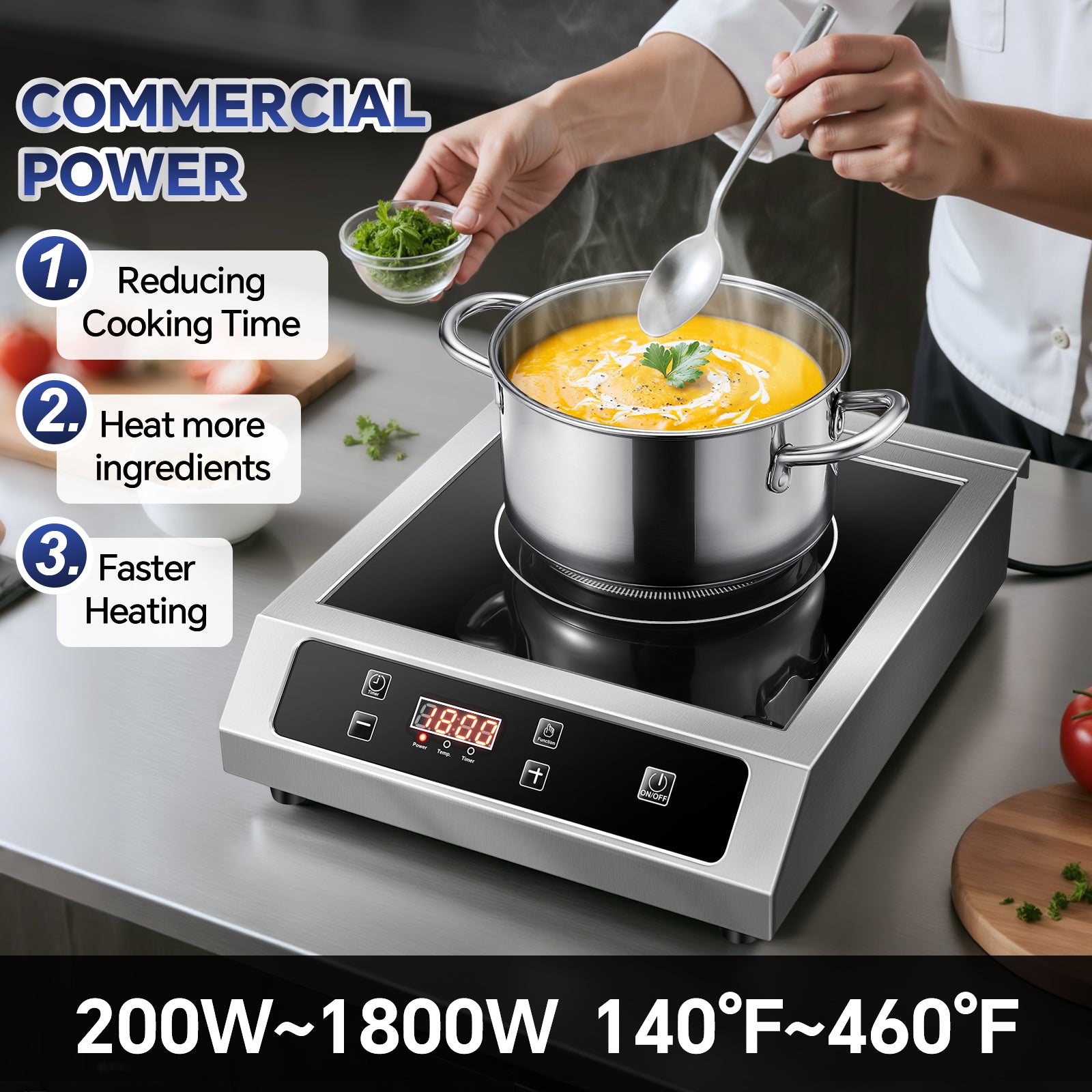 IHC02DBU181A - Commercial Induction Cooktop,1800W Induction Burner with Sensor Touch and LCD Screen,ETL-Certified Single Electric Burner,Ten level precise temperature control, Large 8” Heating Coil