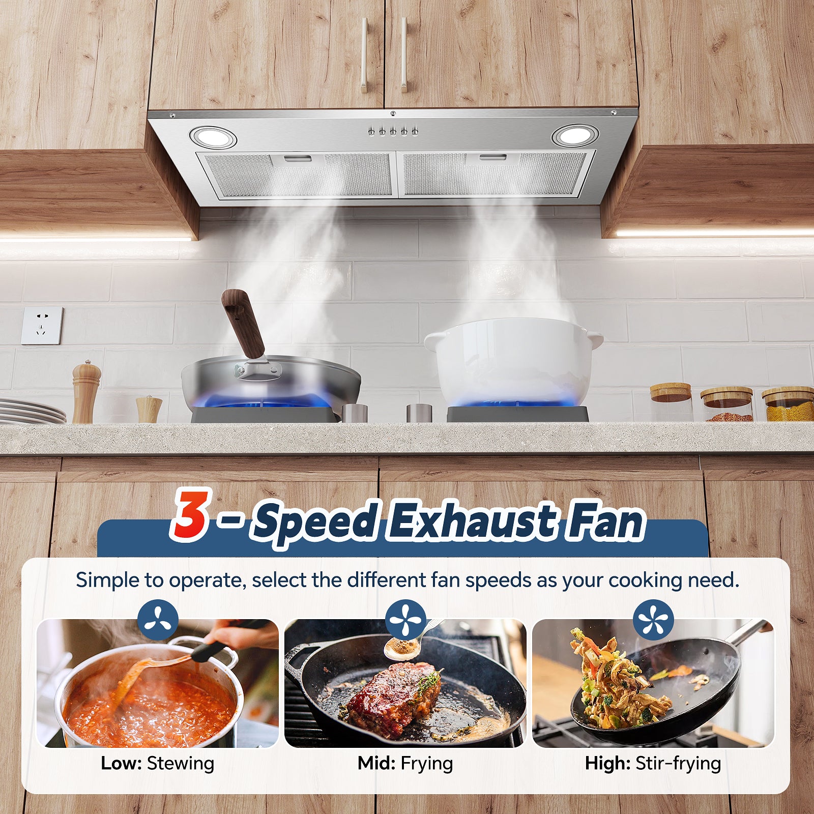 ZMS-1370A - Range Hood Insert 30 Inch Stainless Steel Built-in Kitchen Hood with 600CFM, Ductless/Ducted Range Hood, Push Button Control, 3-Speed Fan, 2 Pcs Aluminum Filters