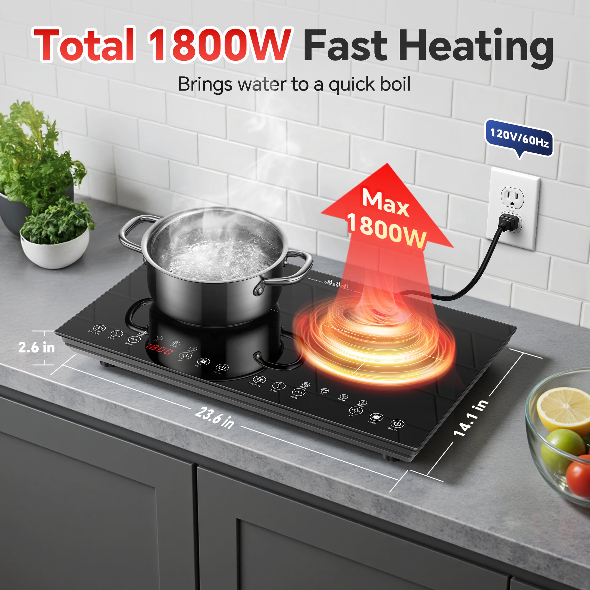 IHDIC16H181A - Portable Induction Cooktop 2 Burner - 1800W Double Induction Cooker with 8 Power Settings, 4 Pre-Set Modes, Ultra Thin Design, Sensor Touch Control, Child Safety Lock & Timer | Electric Cooktop