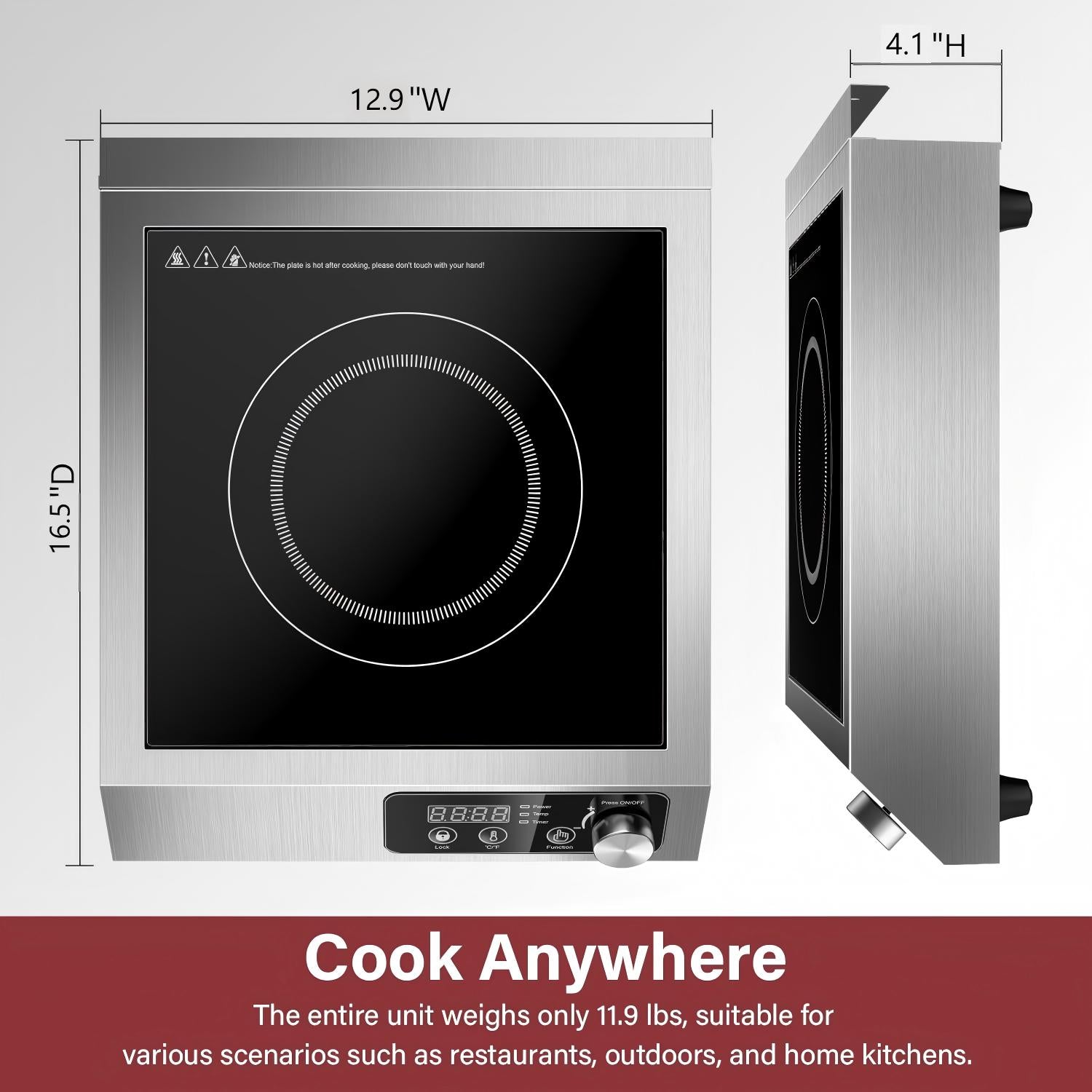 IHA800BU181A - Commercial Induction Cooktop,1800W Induction Burner with sensor touch, knob and LCD screen,ETL-Certified Single Electric Burner,Ten level precise temperature control,Large 8” Heating Coil