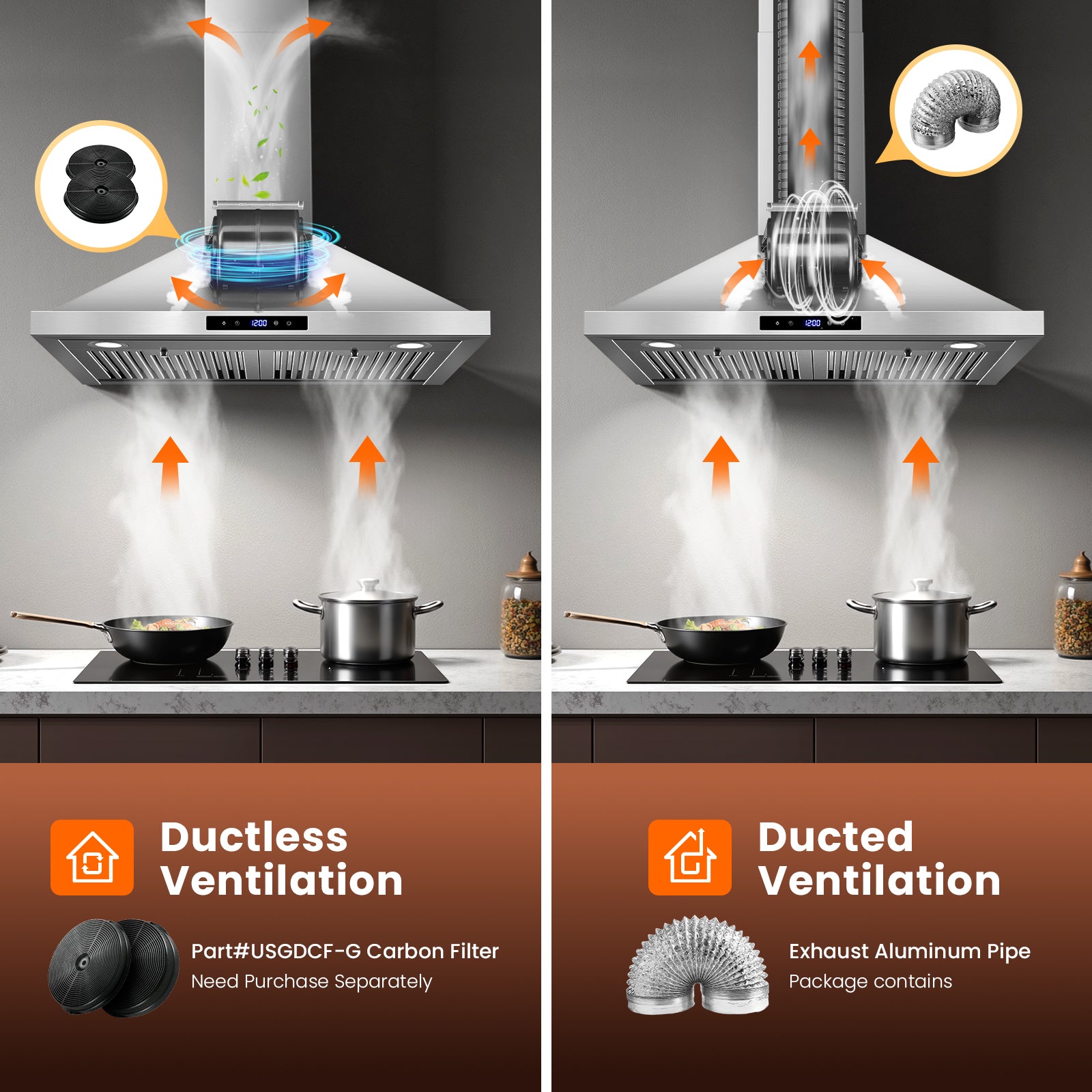 USGD1075 - 30 Inch - 700 CFM - Wall Mount Range Hood  with Ducted/Ductless, Touch Control, Stainless Steel