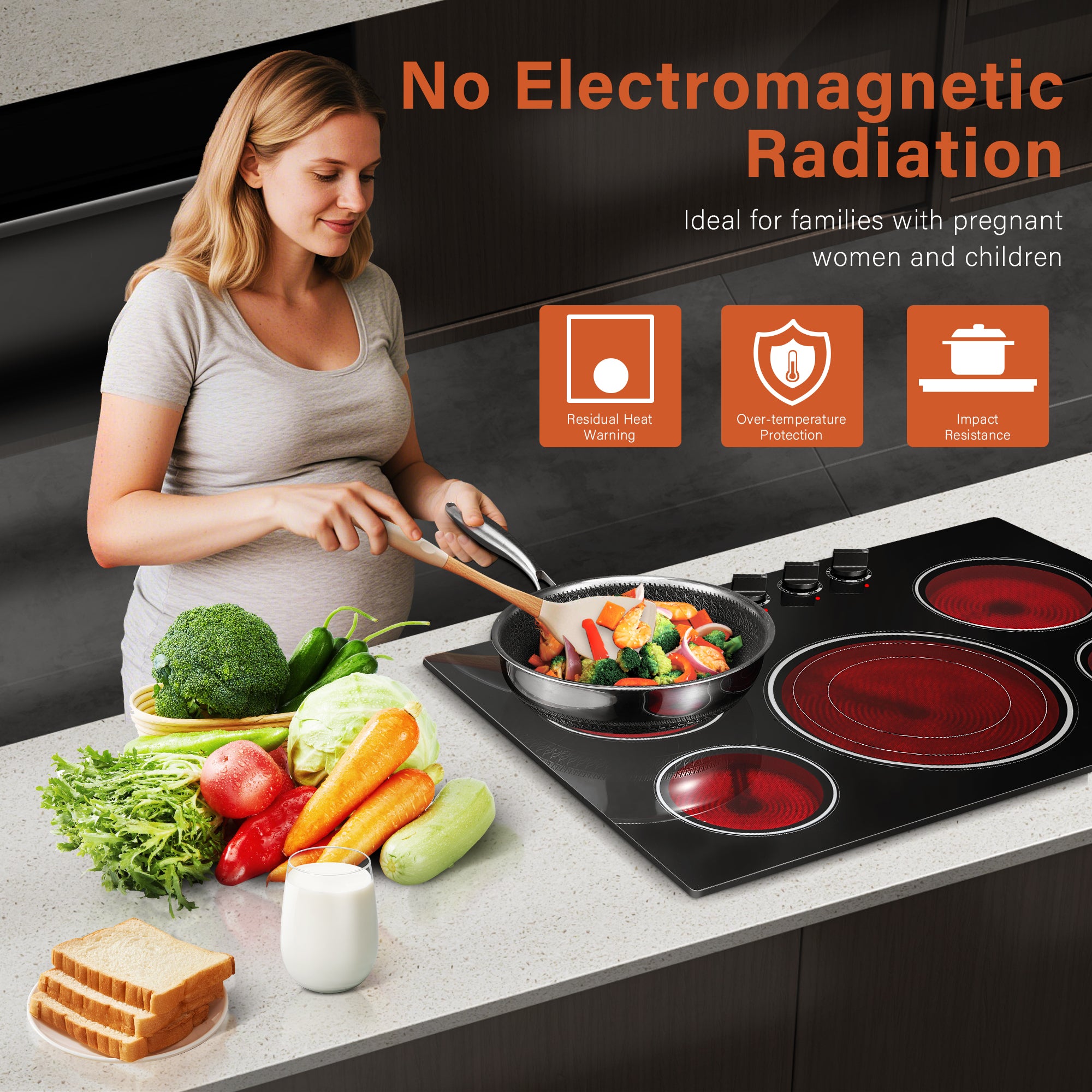 CH30K230905A - 30 Inch Built-in Electric Cooktop with Expandable Triple Ring Burners, 5 Burner 9000W Ceramic Stove Top - Easy Knob Controls & Residual Heat Indicator (220-240V Hardwired)