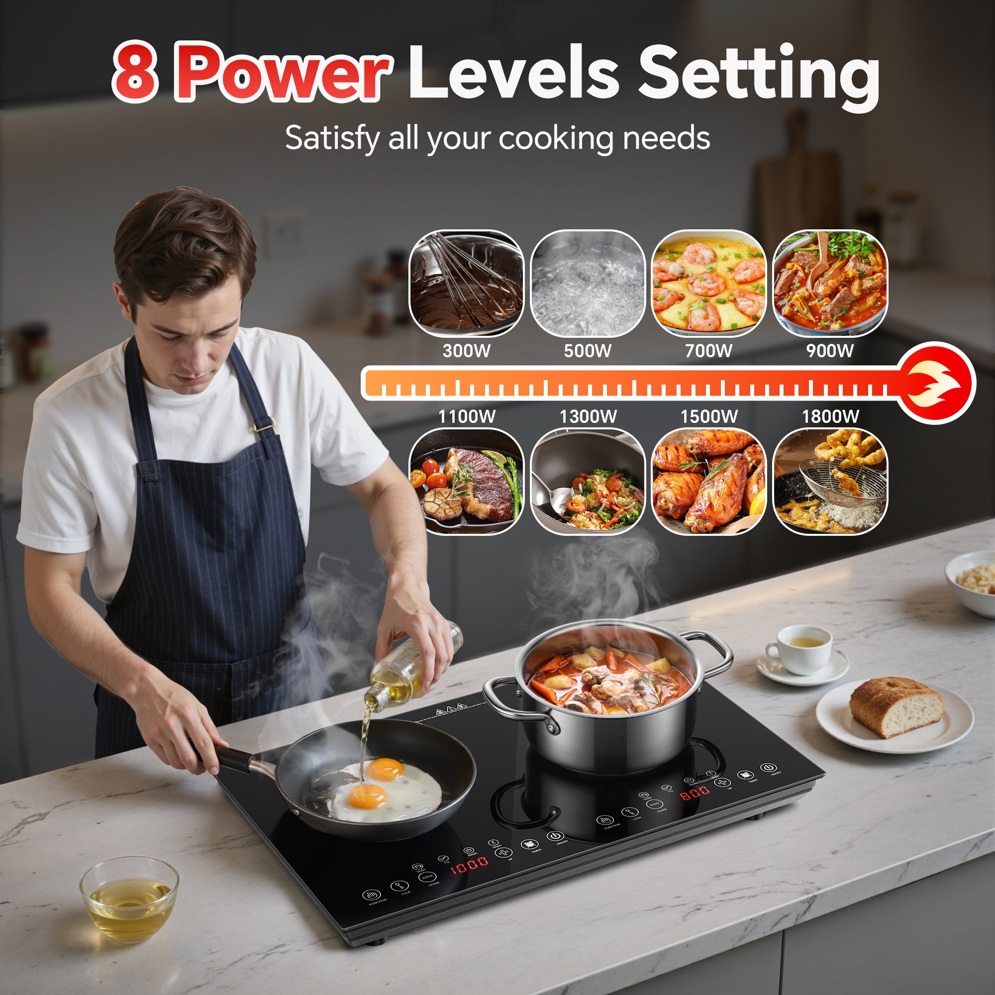 IHDIC16H181A - Portable Induction Cooktop 2 Burner - 1800W Double Induction Cooker with 8 Power Settings, 4 Pre-Set Modes, Ultra Thin Design, Sensor Touch Control, Child Safety Lock & Timer | Electric Cooktop
