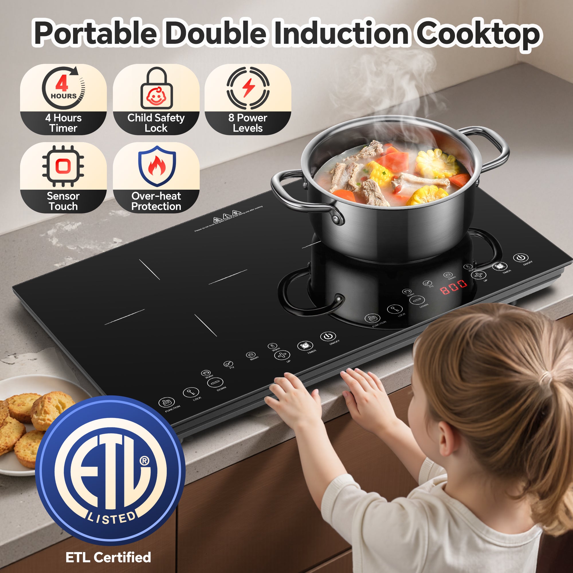 IHDIC16H181A - Portable Induction Cooktop 2 Burner - 1800W Double Induction Cooker with 8 Power Settings, 4 Pre-Set Modes, Ultra Thin Design, Sensor Touch Control, Child Safety Lock & Timer | Electric Cooktop