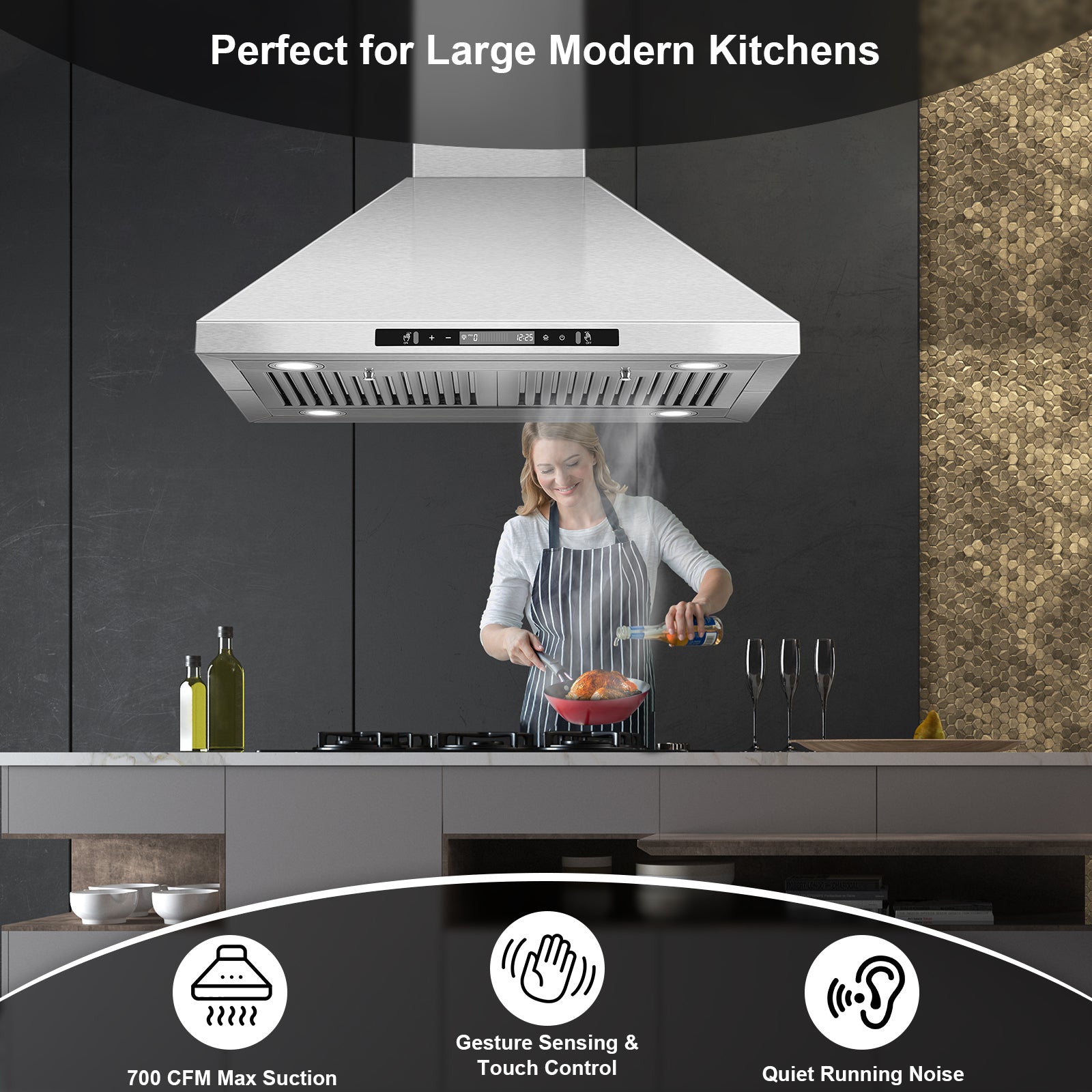 USGI1775B -30 Inch Island Range Hood, 700 CFM Vent Hood with Gesture/Touch Control