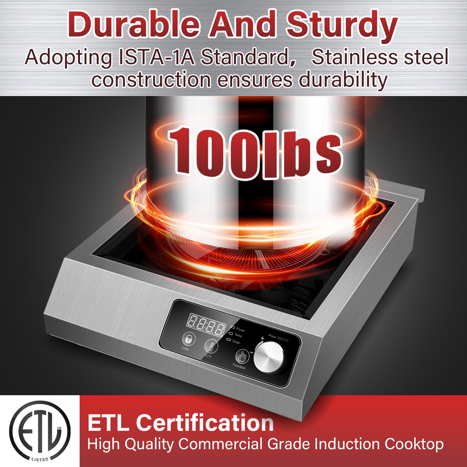 IHA800BU181A - Commercial Induction Cooktop,1800W Induction Burner with sensor touch, knob and LCD screen,ETL-Certified Single Electric Burner,Ten level precise temperature control,Large 8” Heating Coil
