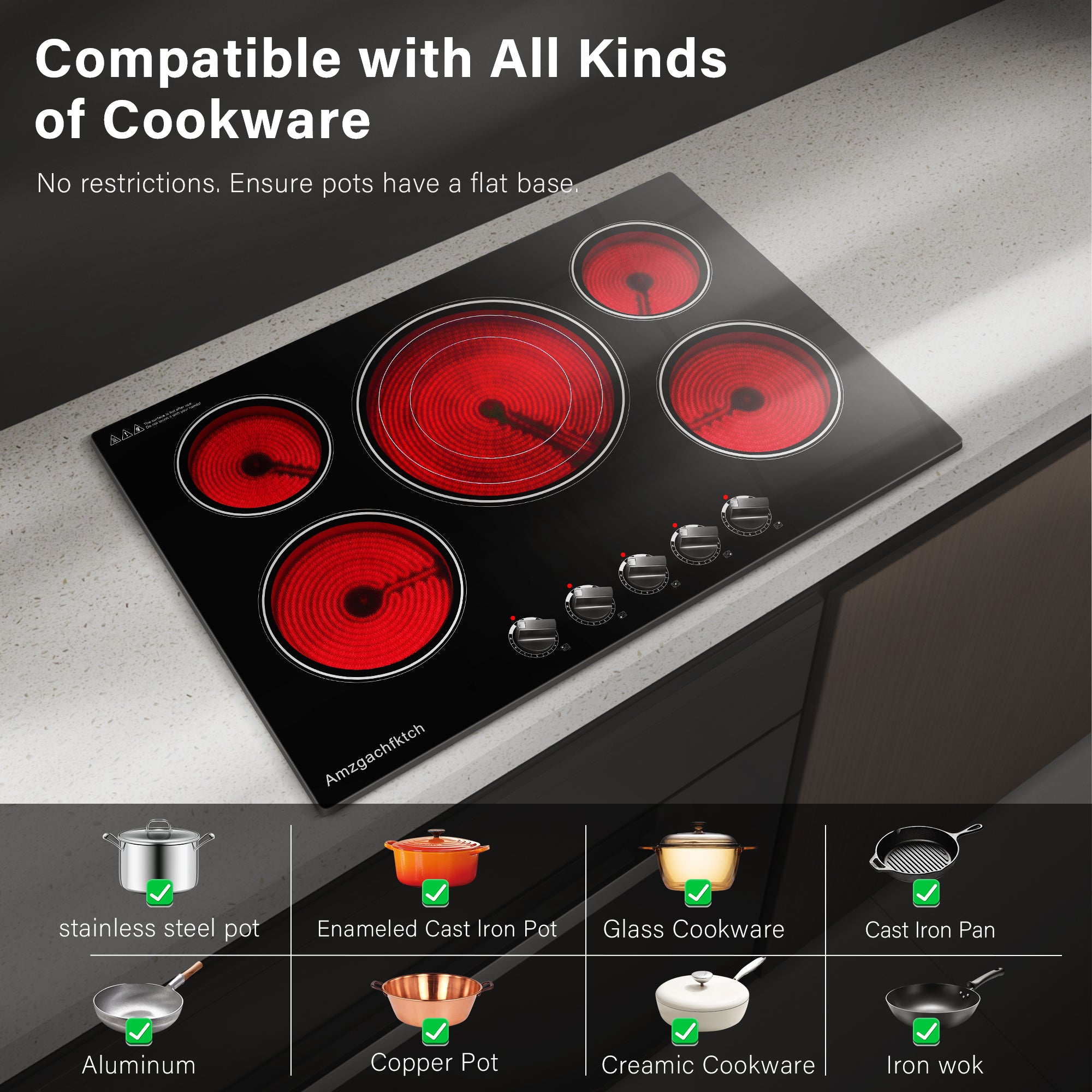 CH30K230905A - 30 Inch Built-in Electric Cooktop with Expandable Triple Ring Burners, 5 Burner 9000W Ceramic Stove Top - Easy Knob Controls & Residual Heat Indicator (220-240V Hardwired)