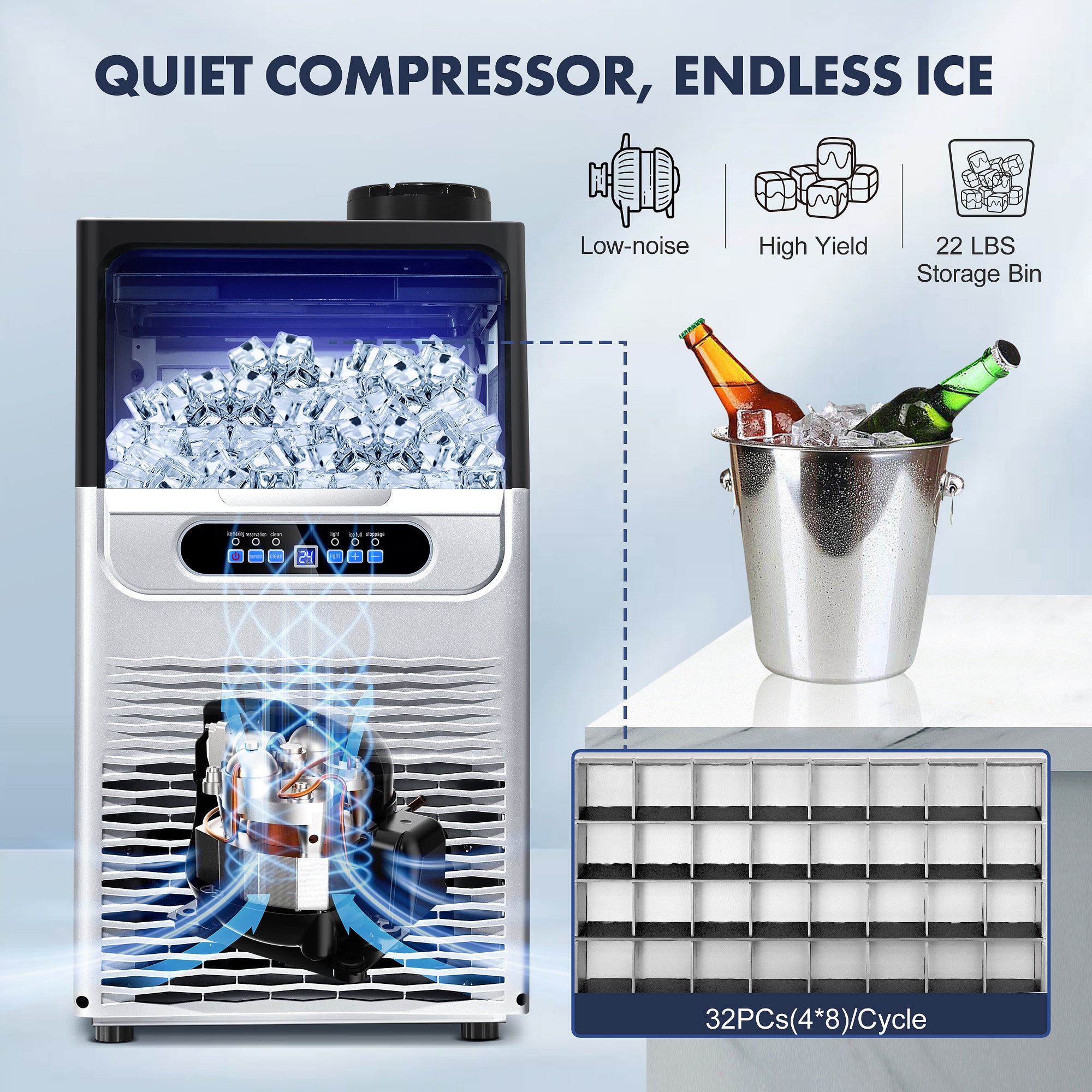 CIM30-S - 90LBS/24H Under Counter Ice Maker, 32 Cubes/Cycle with 25LBS Stainless Steel Freestanding Ice Machine