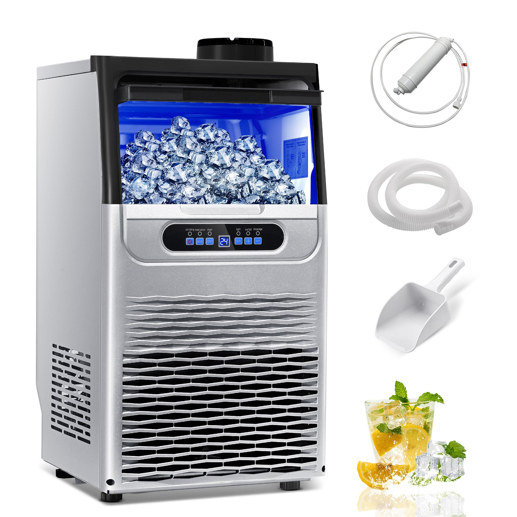 CIM30-S - 90LBS/24H Under Counter Ice Maker, 32 Cubes/Cycle with 25LBS Stainless Steel Freestanding Ice Machine
