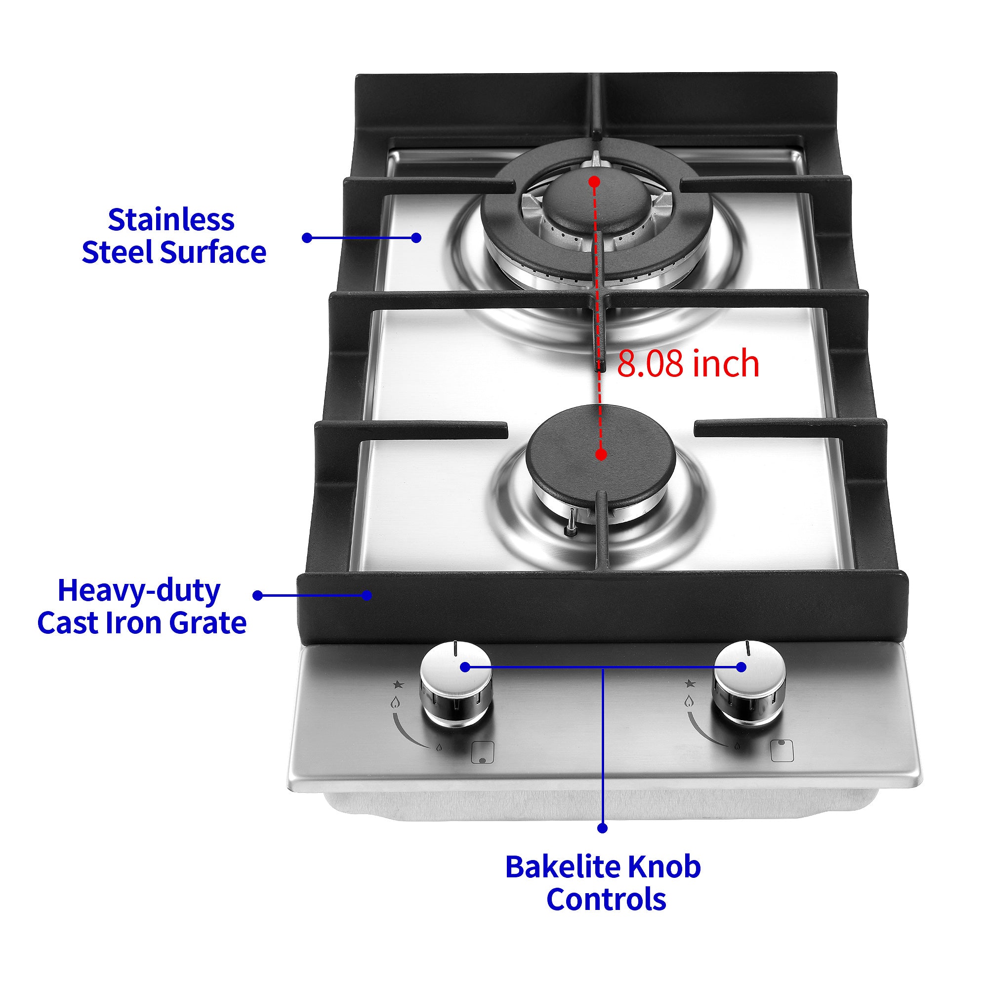 GC001-122S - 12 inch - 2 Burner Bulit-in Stainless Steel Gas Cooktop with Thermocouple Protection