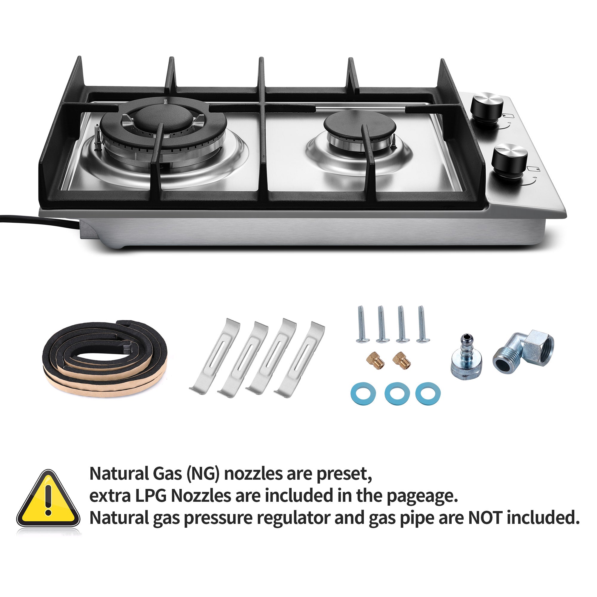 GC001-122S - 12 inch - 2 Burner Bulit-in Stainless Steel Gas Cooktop with Thermocouple Protection