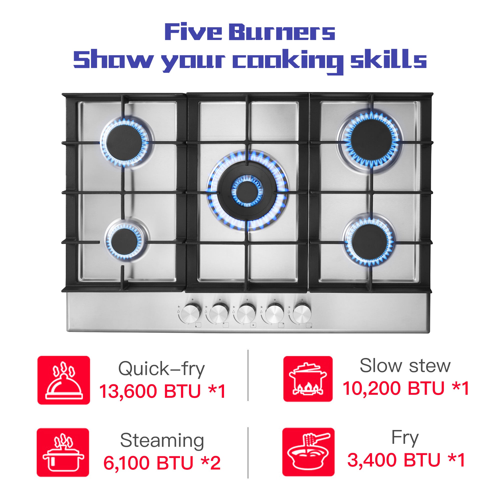GC002-305S-J - 30 inch - 5 Burners Built-in Stainless Steel Gas Cooktop