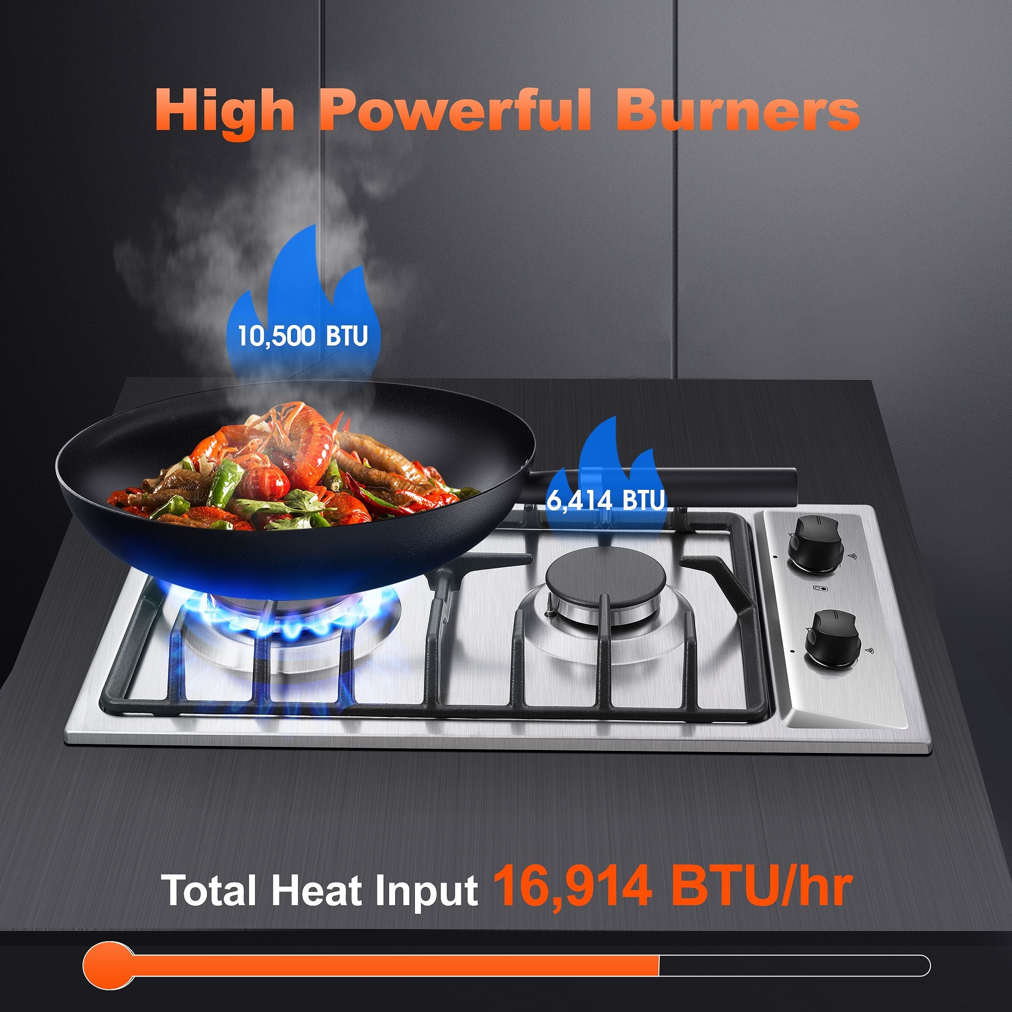 GH001-122S-J - 12" Kitchen Gas Cooktop 2burners Built-in Hob NG/LPG Stainless Steel Convertible