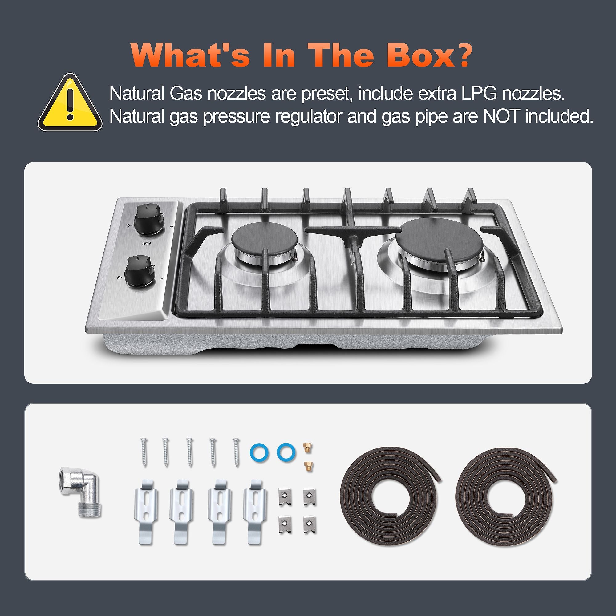 GH001-122S-J - 12" Kitchen Gas Cooktop 2burners Built-in Hob NG/LPG Stainless Steel Convertible