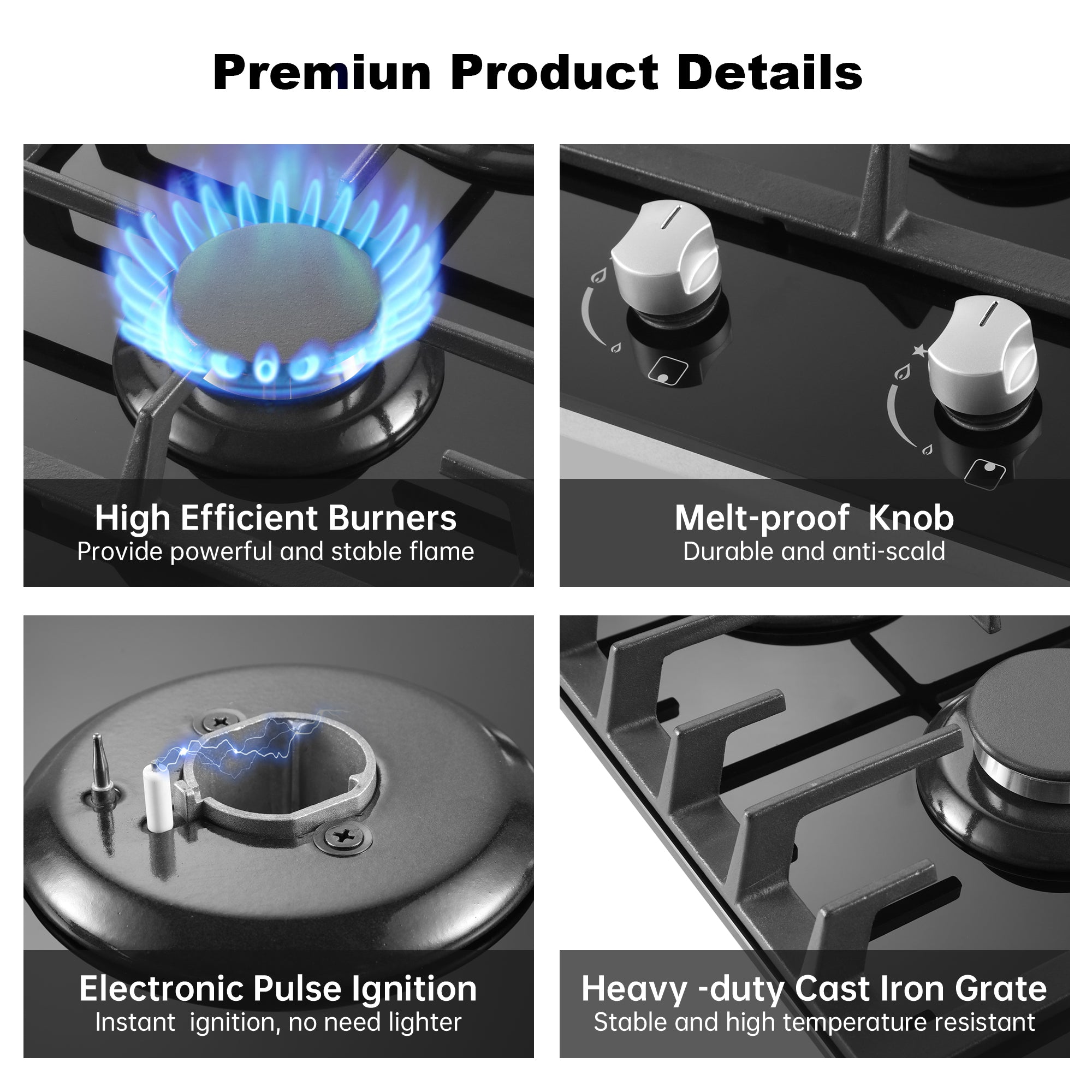 GH002-122G - 12" Kitchen Gas Cooktop 2burners Built-in Hob NG/LPG Black Tempered Glass
