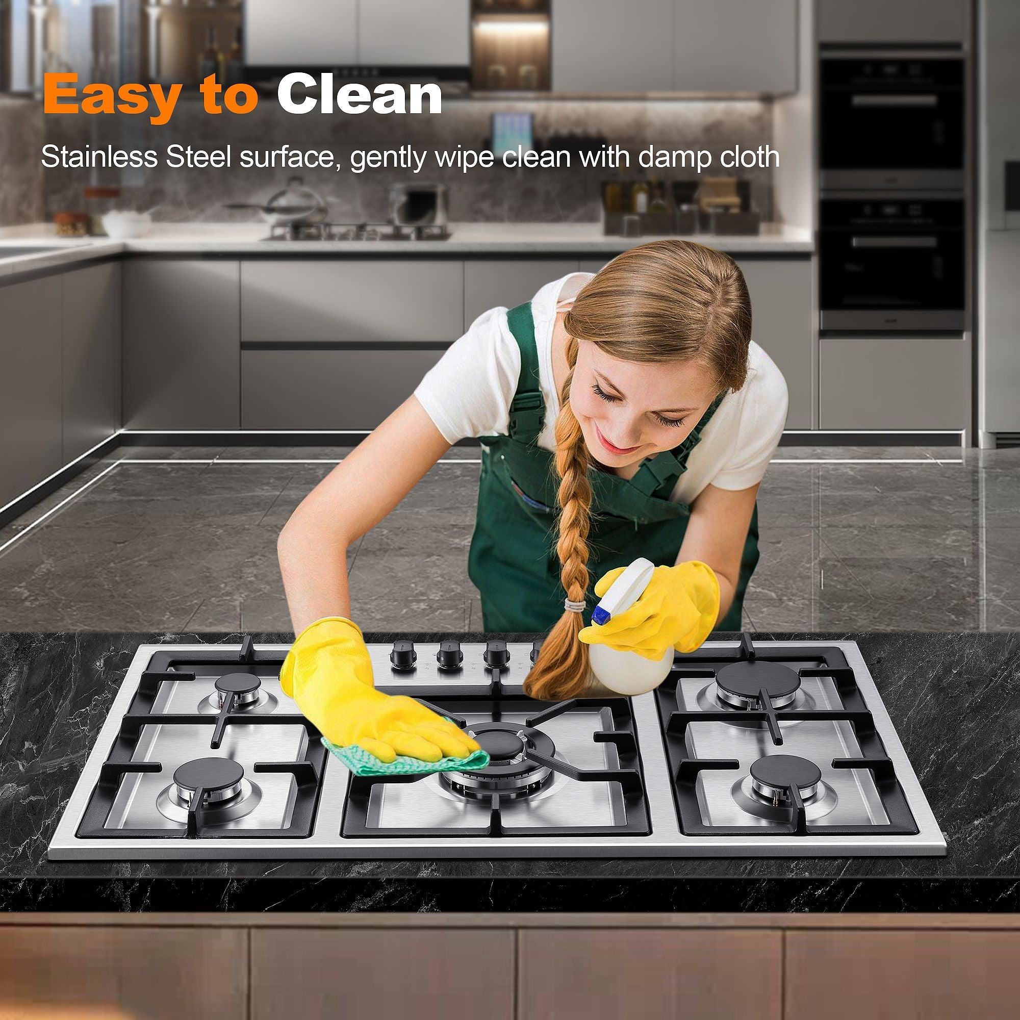 GH002-365S - 36 inch - 5 Burners Gas Stove Top, Built in Stainless Steel 36 Inch Gas Hob with LPG/NG Convertible Propane Cooktop