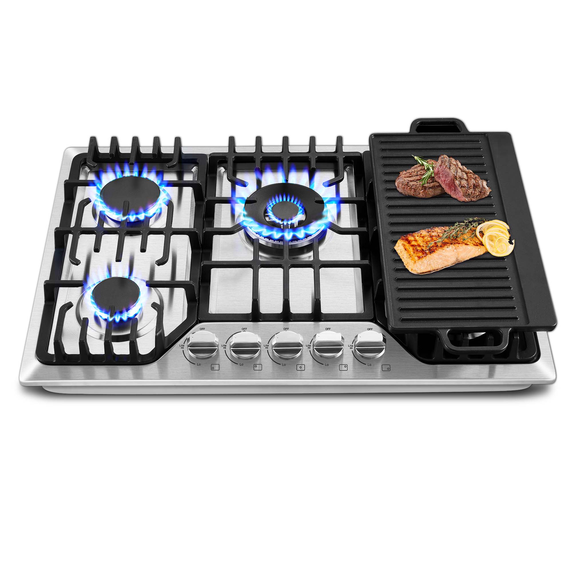 HG001-305S- 5 Burners 30 inch Gas Cooktop NG/LPG Stainless Steel Built-in Hob w/Grill