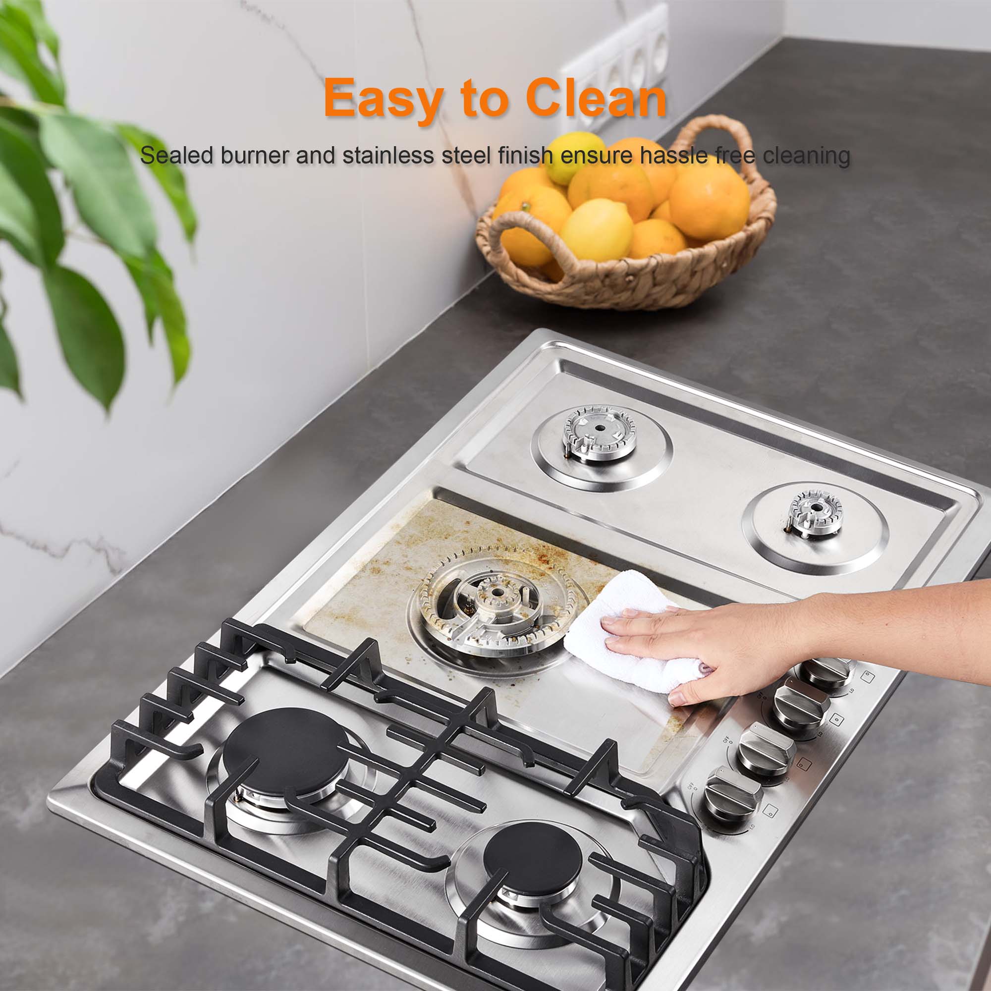 HG001-305S- 5 Burners 30 inch Gas Cooktop NG/LPG Stainless Steel Built-in Hob w/Grill