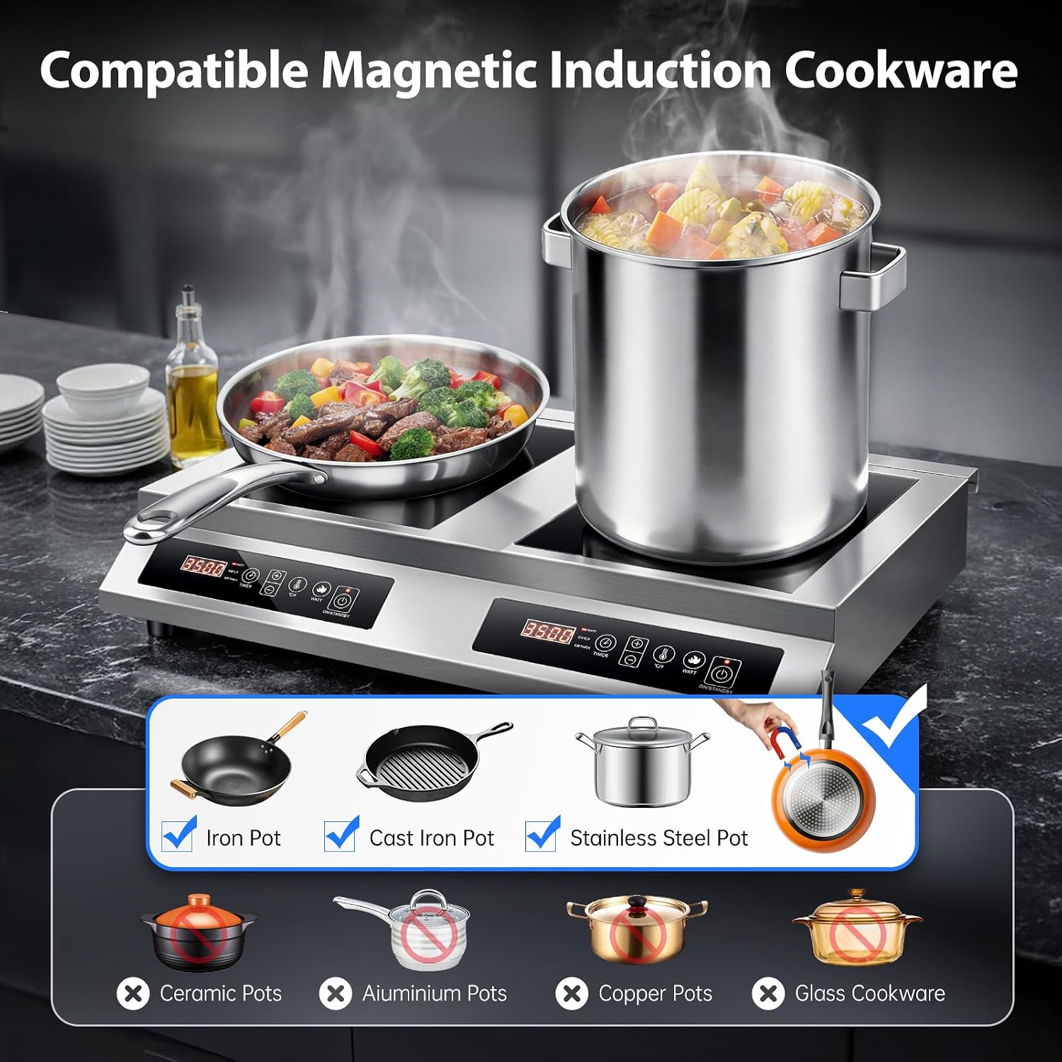 IHACX0302 – 7000W Commercial Double-Burner Induction Cooktop