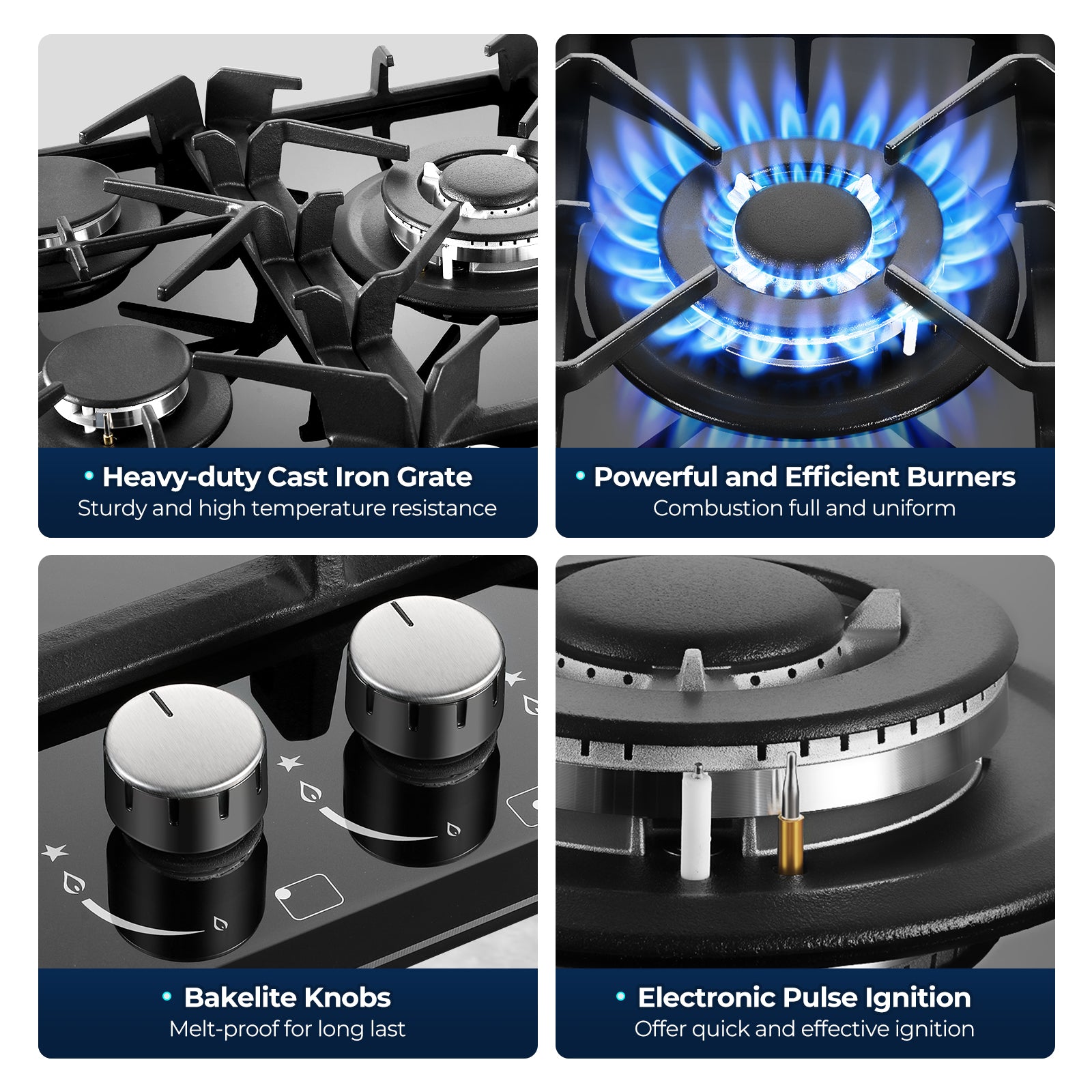 PG001-305G - 30 inch - 5 Burners Built-in Gas Cooktop Black Tempered Glass