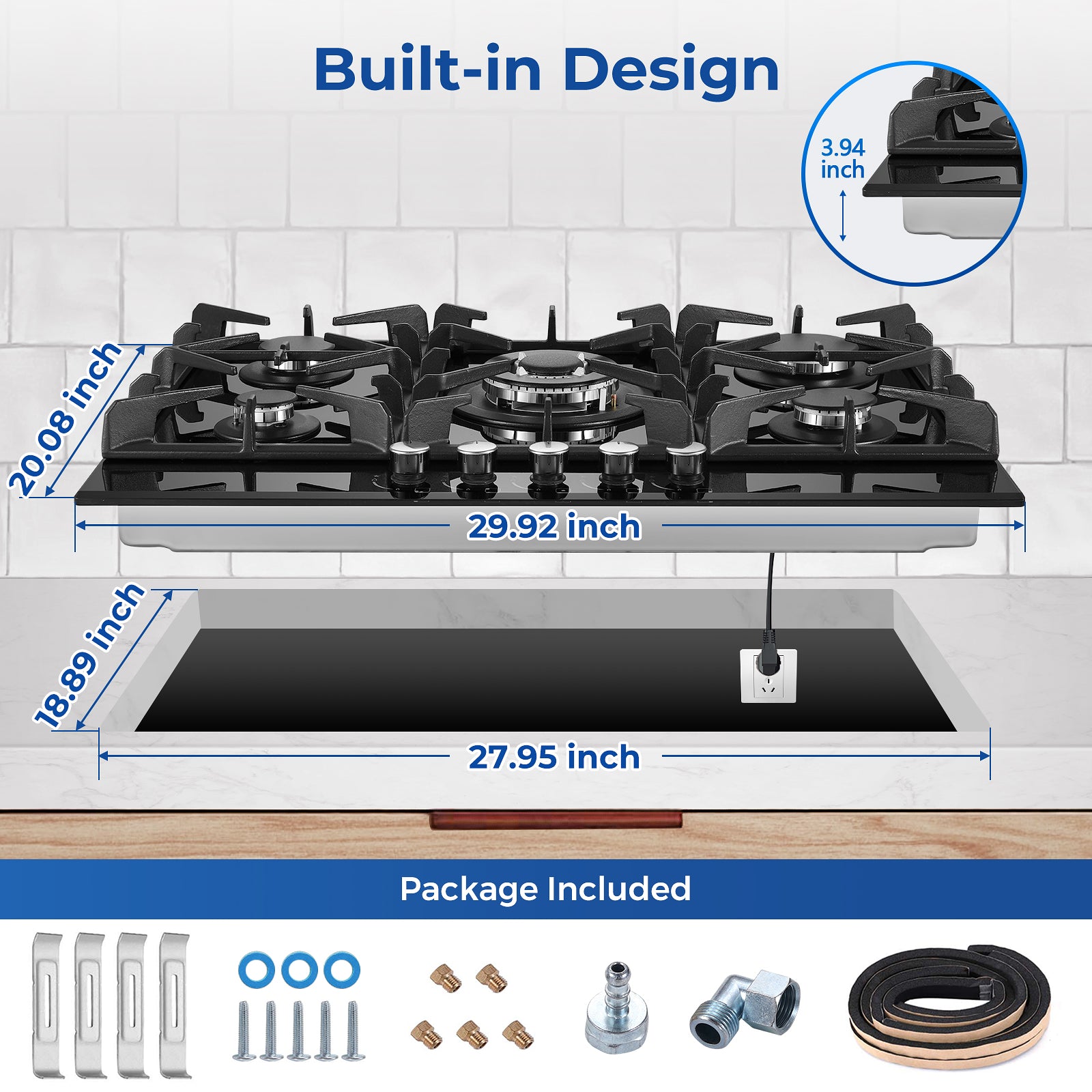 PG001-305G - 30 inch - 5 Burners Built-in Gas Cooktop Black Tempered Glass