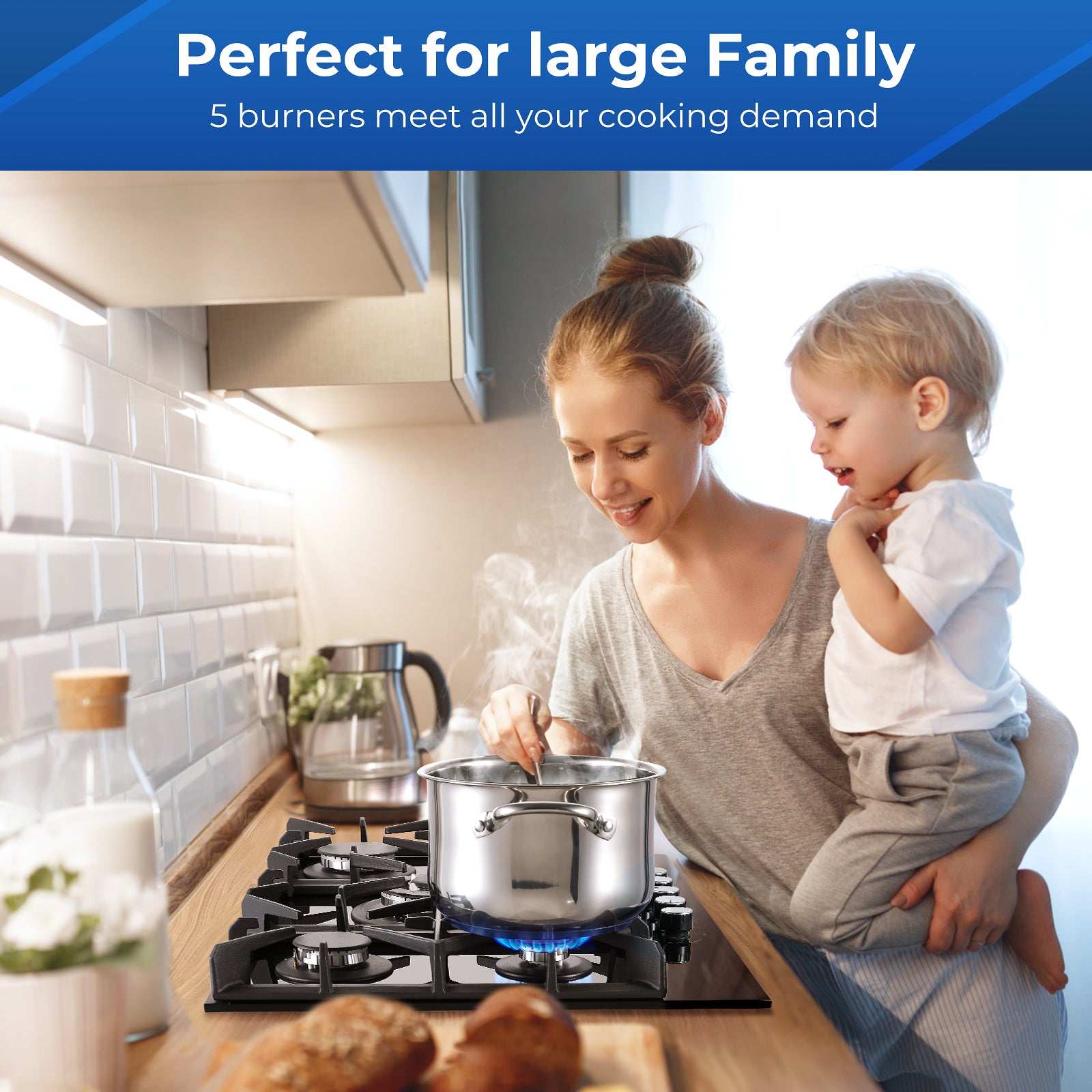 PG001-305G - 30 inch - 5 Burners Built-in Gas Cooktop Black Tempered Glass