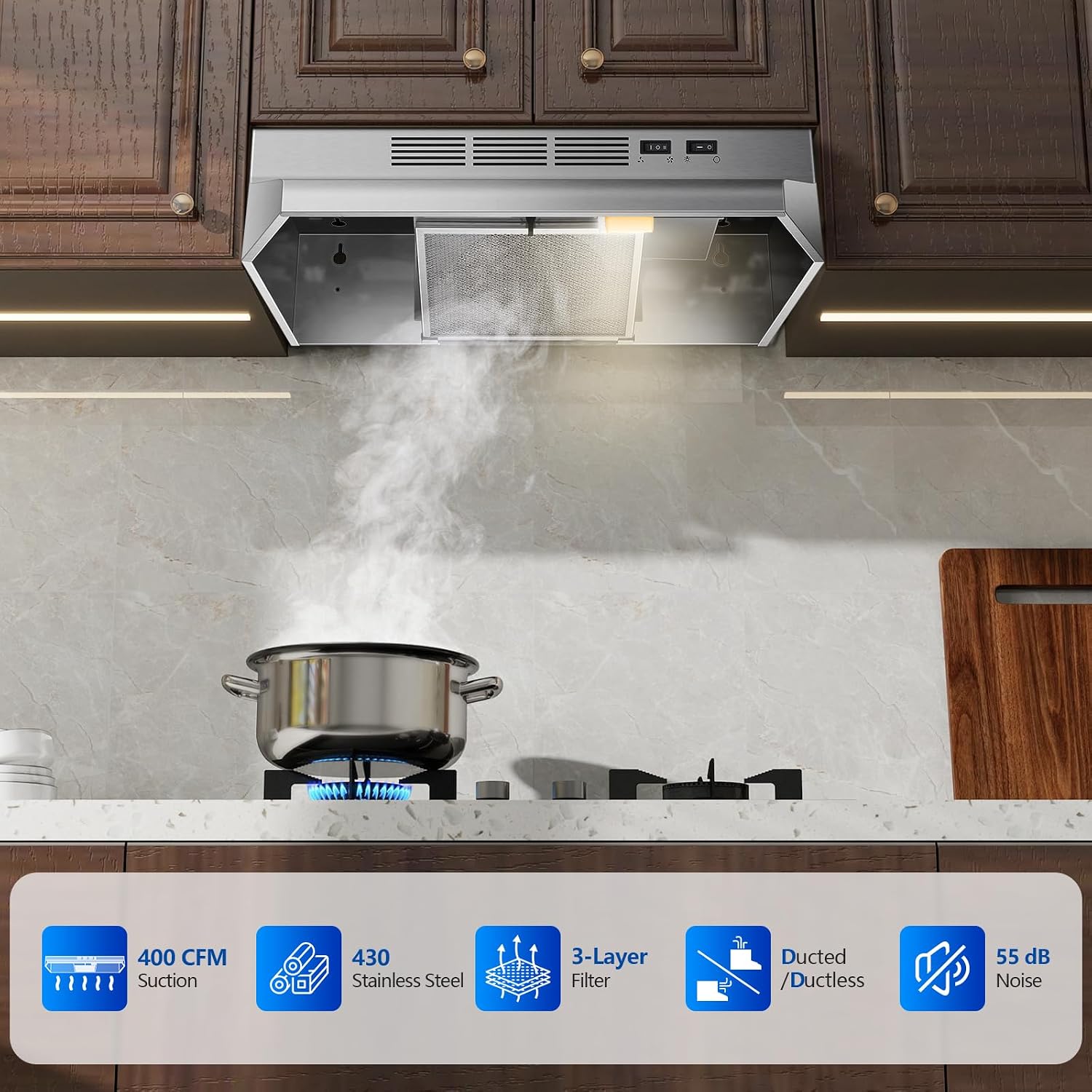 RHA30GDQ1 – 30-Inch 400 CFM Rocker-Switch Under-Cabinet Range Hood
