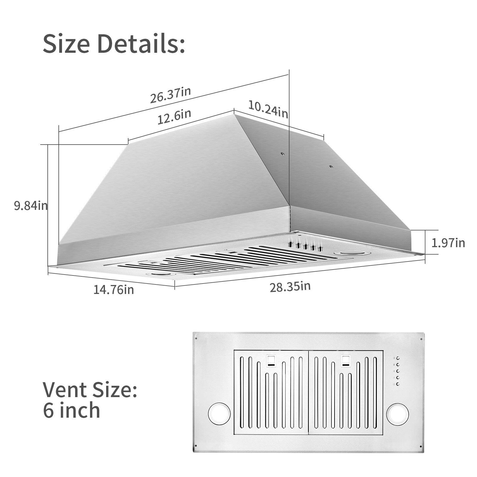 Tieasy 30 inch Insert Range Hood 600 CFM Built-in Range Hood Stainless Steel Vent