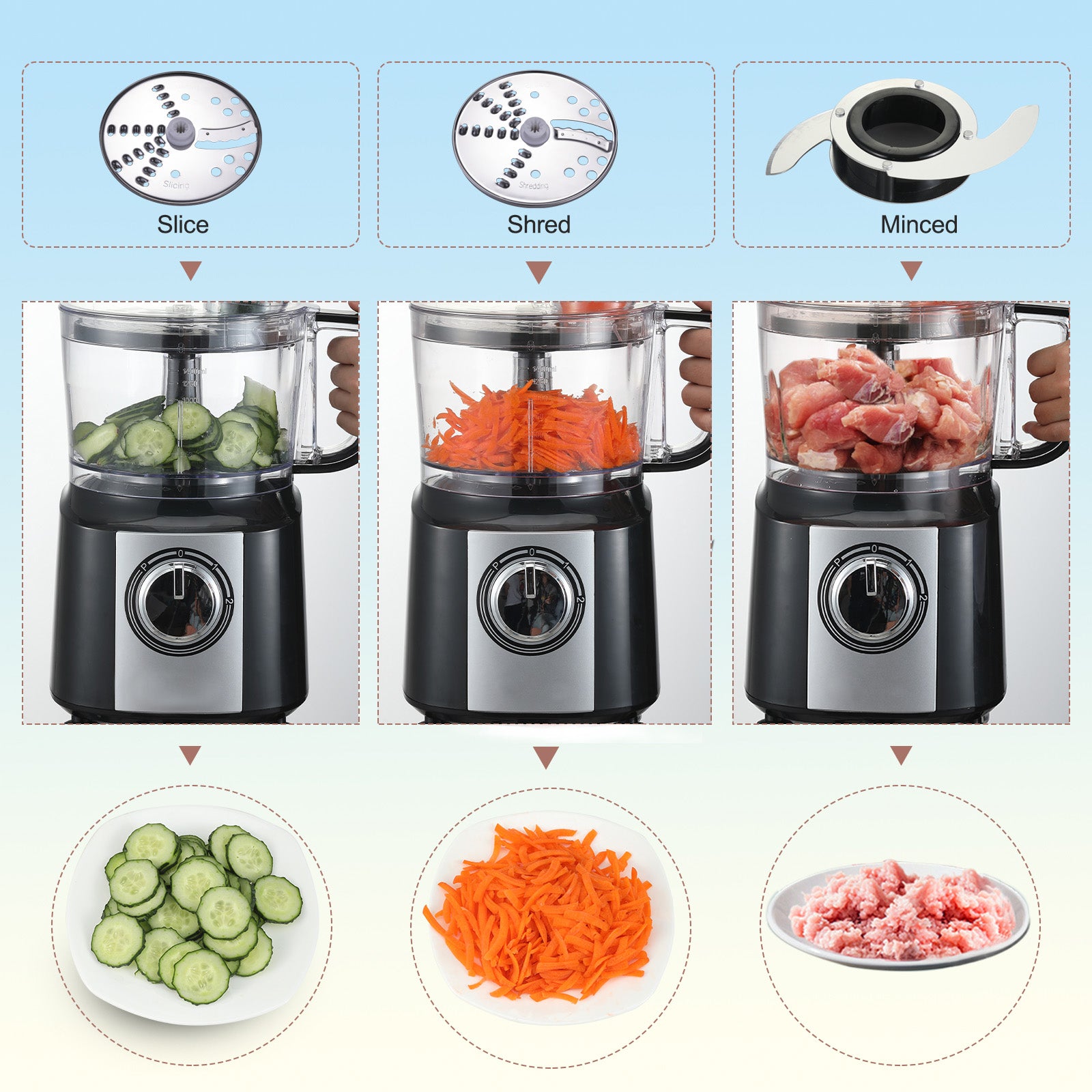 Tieasy 6 in1 800W Powerful Food Processor - USFP201 (Set of 3)