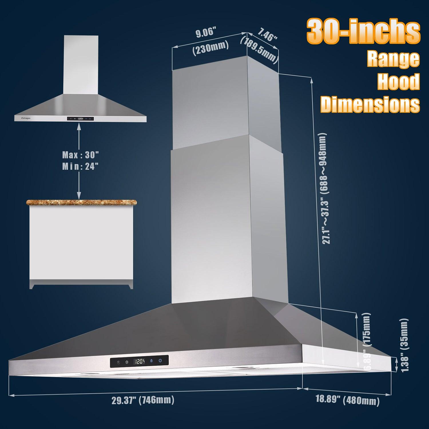 Tieasy Range Hood 30 inch Wall Mount Range Hood 450 CFM Vent Touch Control Aluminum Filters