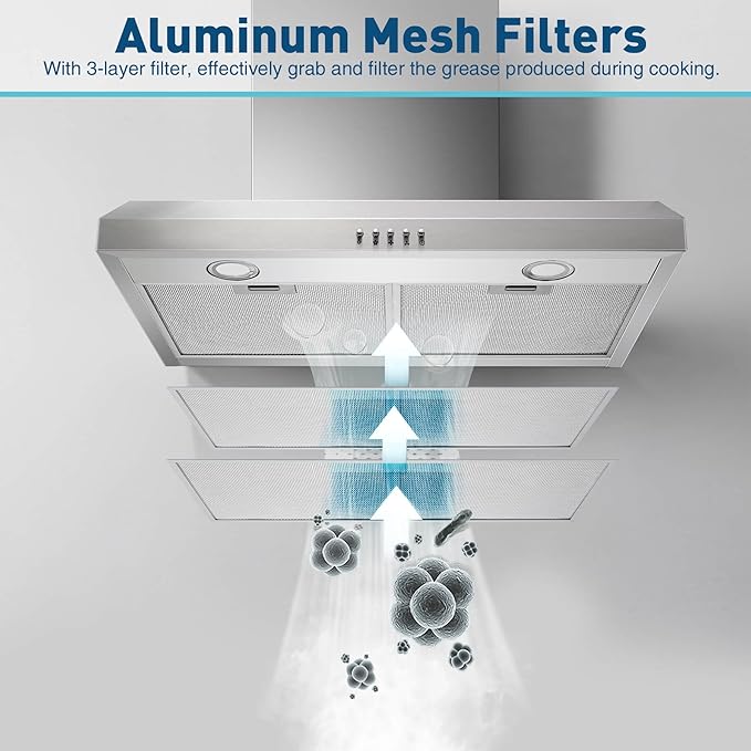 US0475A - 30 Inch - 500CFM - Under Cabinet Range Hood with 2 Aluminum Mesh Filter & LED Lights, Puch Button