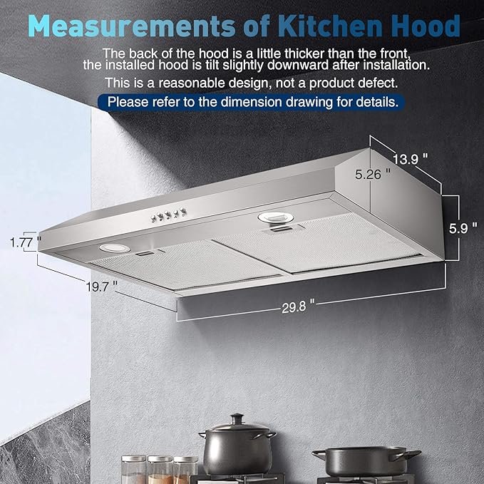 US0475A - 30 Inch - 500CFM - Under Cabinet Range Hood with 2 Aluminum Mesh Filter & LED Lights, Puch Button