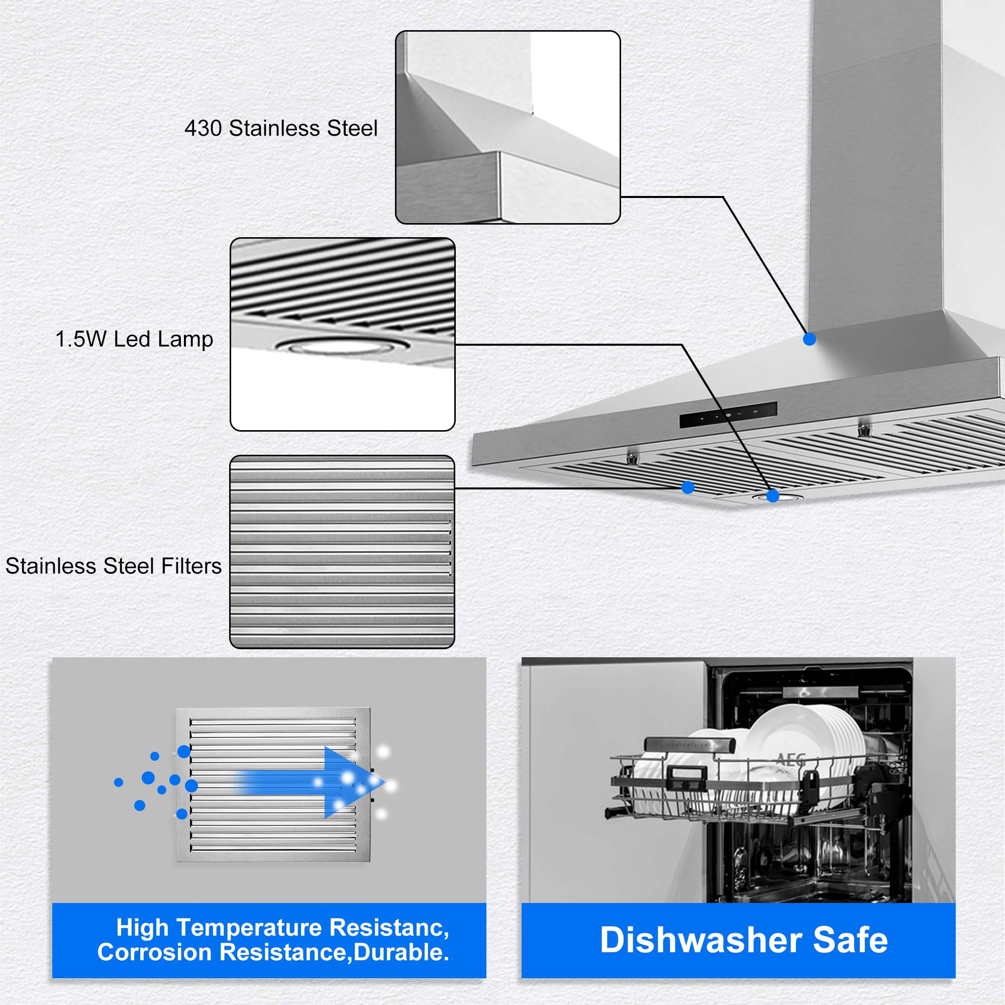 USGD1775BCK-30 inch Wall Mount Range Hood,  Stainless Steel, 450 CFM Ductless/Ducted Vent Hood