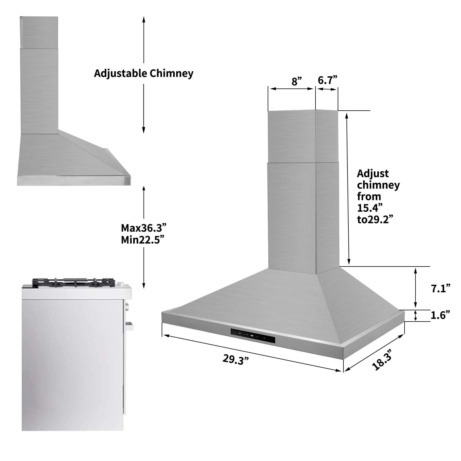 USGD1775BCK-30 inch Wall Mount Range Hood,  Stainless Steel, 450 CFM Ductless/Ducted Vent Hood