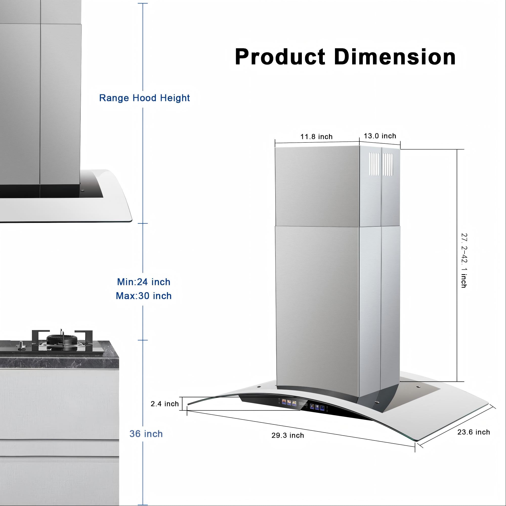 USGI0275BCP - 30 Inch - 700 CFM Island Range Hood Ceiling Mount Kitchen Vent Hood Tempered Glass with Color Gesture Sensing & Touch Control