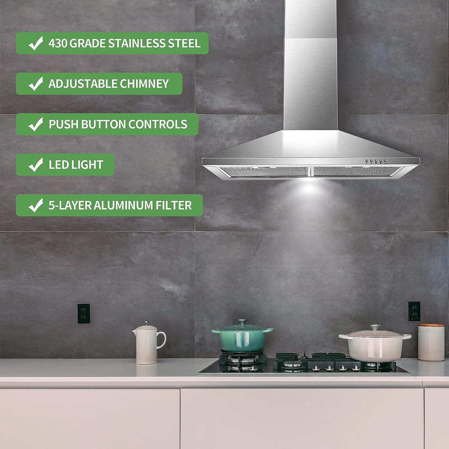 Tieasy 30 Inch Wall Mount 450 CFM Range Hood US1001G75A Description 