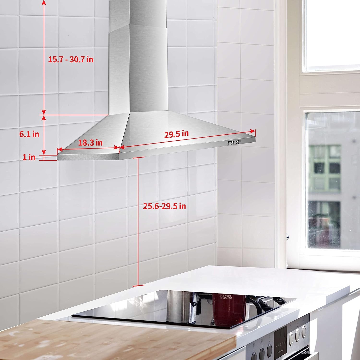 Tieasy 30 Inch Wall Mount 450 CFM Range Hood US1001G75A product dimensions